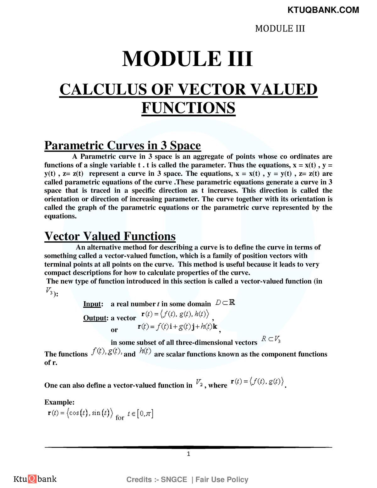 Engineering Calculus 3-notes - 1 CALCULUS OF VECTOR VALUED FUNCTIONS ...