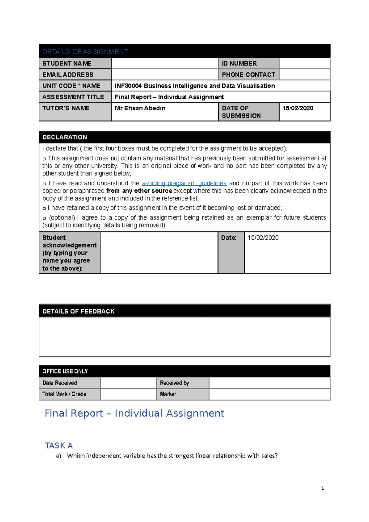 Data Report - Assignment 1 - DETAILS OF ASSIGNMENT STUDENT NAME ID ...