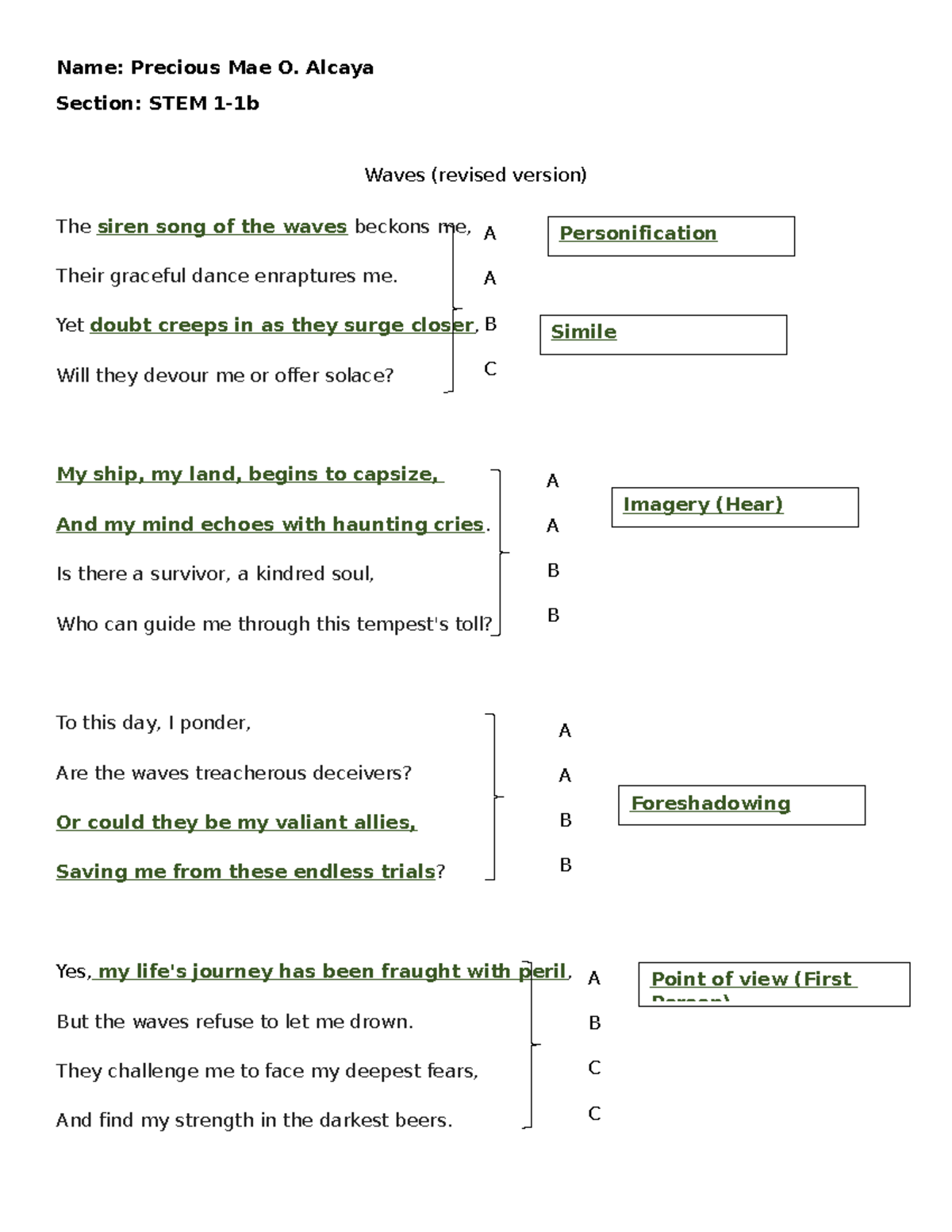 Waves Poem making for philo Name Precious Mae O. Alcaya Section