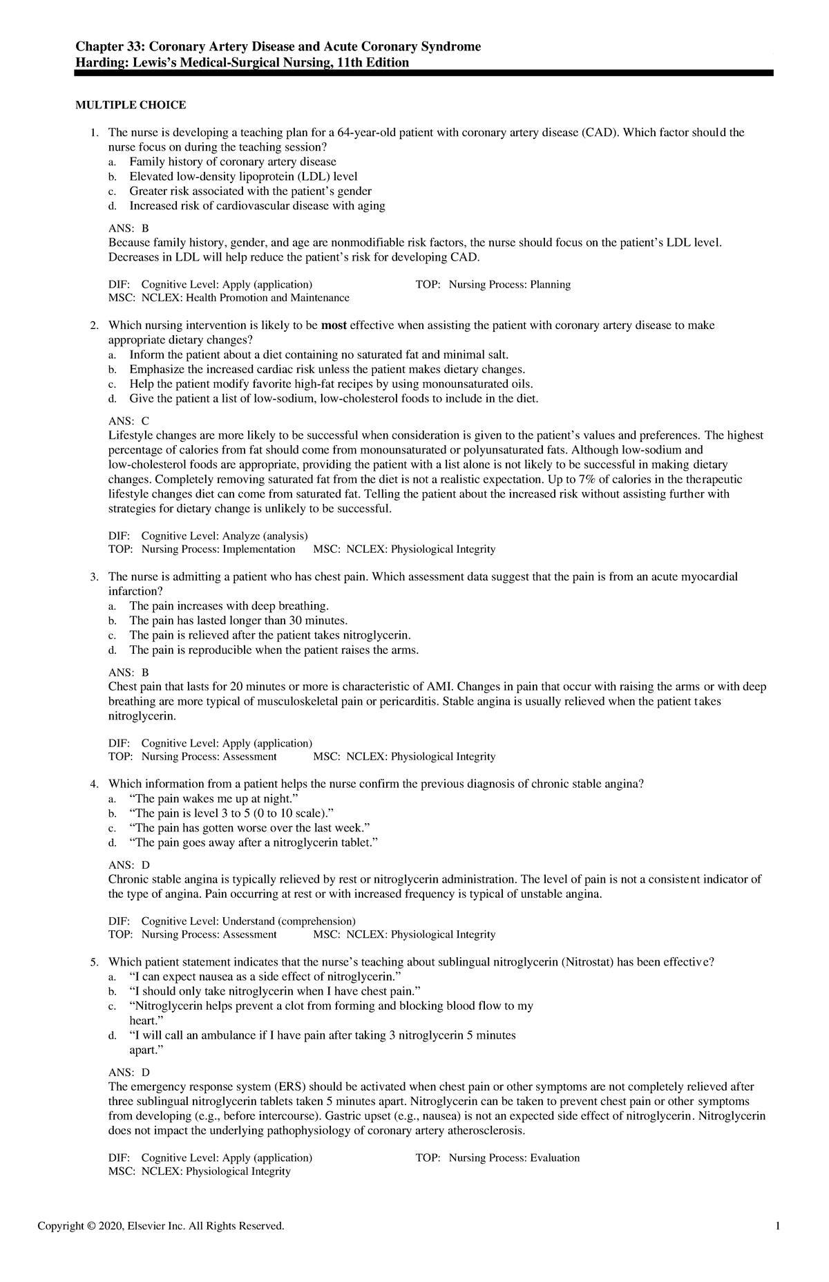 Exam View - Ch0033 Harding 11e Tb - Chapter 33: Coronary Artery Disease 