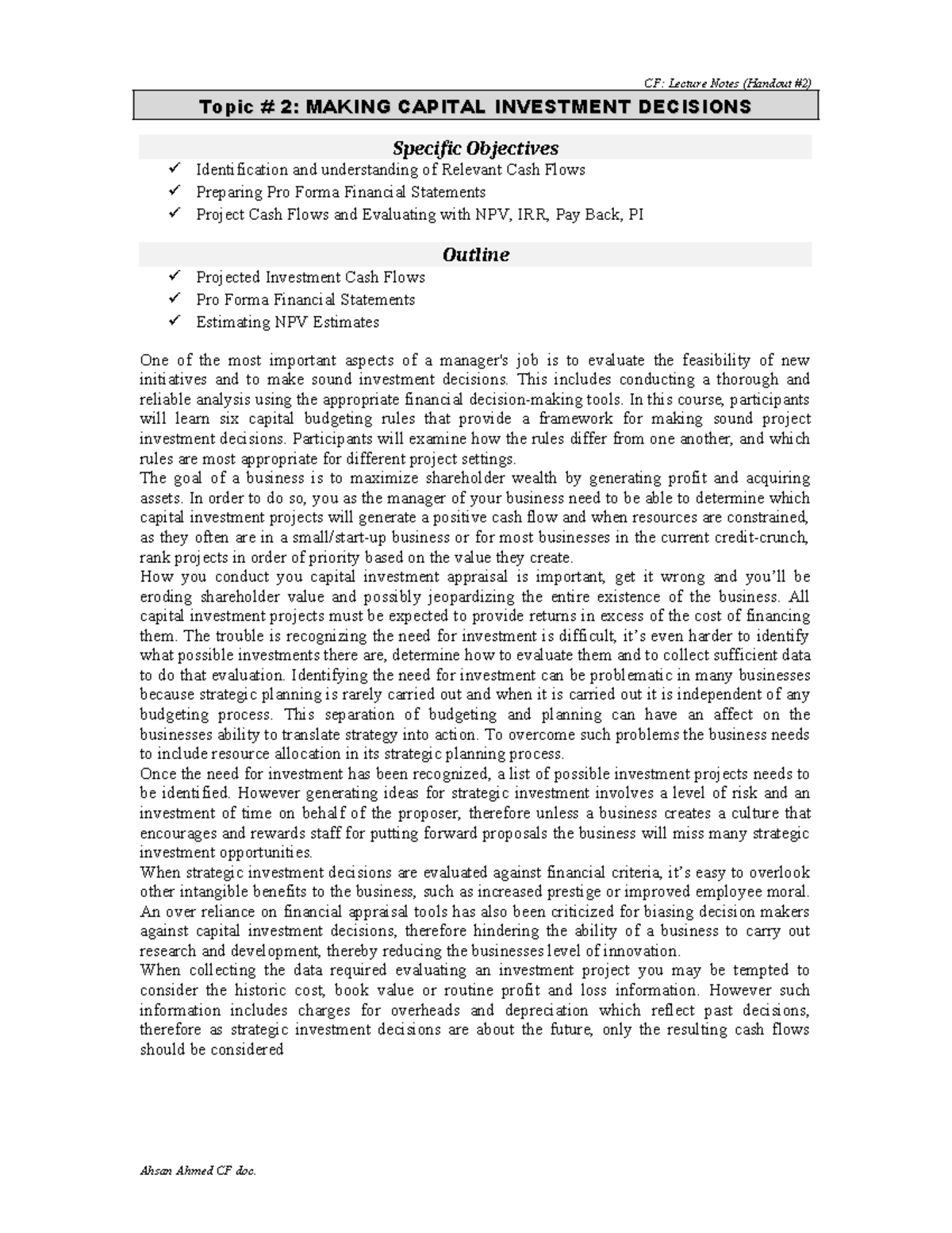 Topic 2 Making Cap Decision - Topic # 2: MAKING CAPITAL INVESTMENT ...