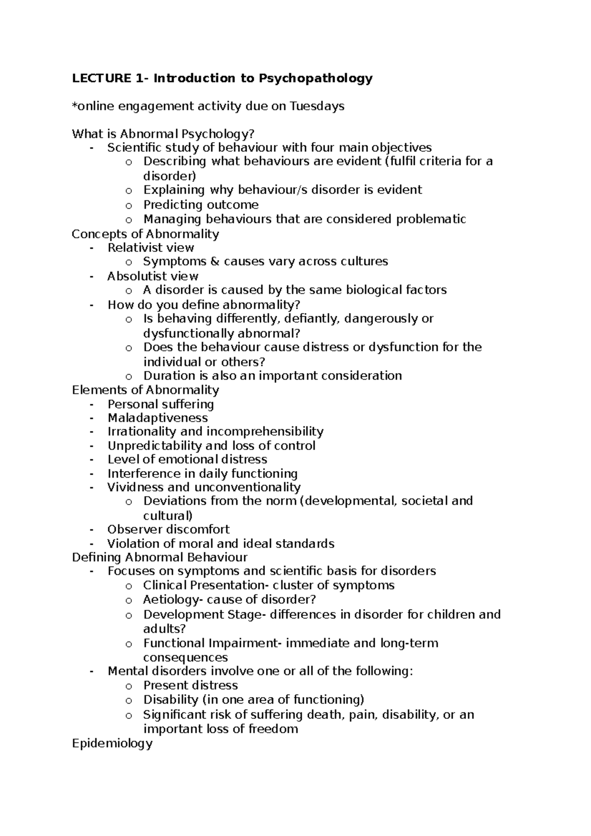 PSYC3102 Lecture Notes - LECTURE 1- Introduction To Psychopathology ...