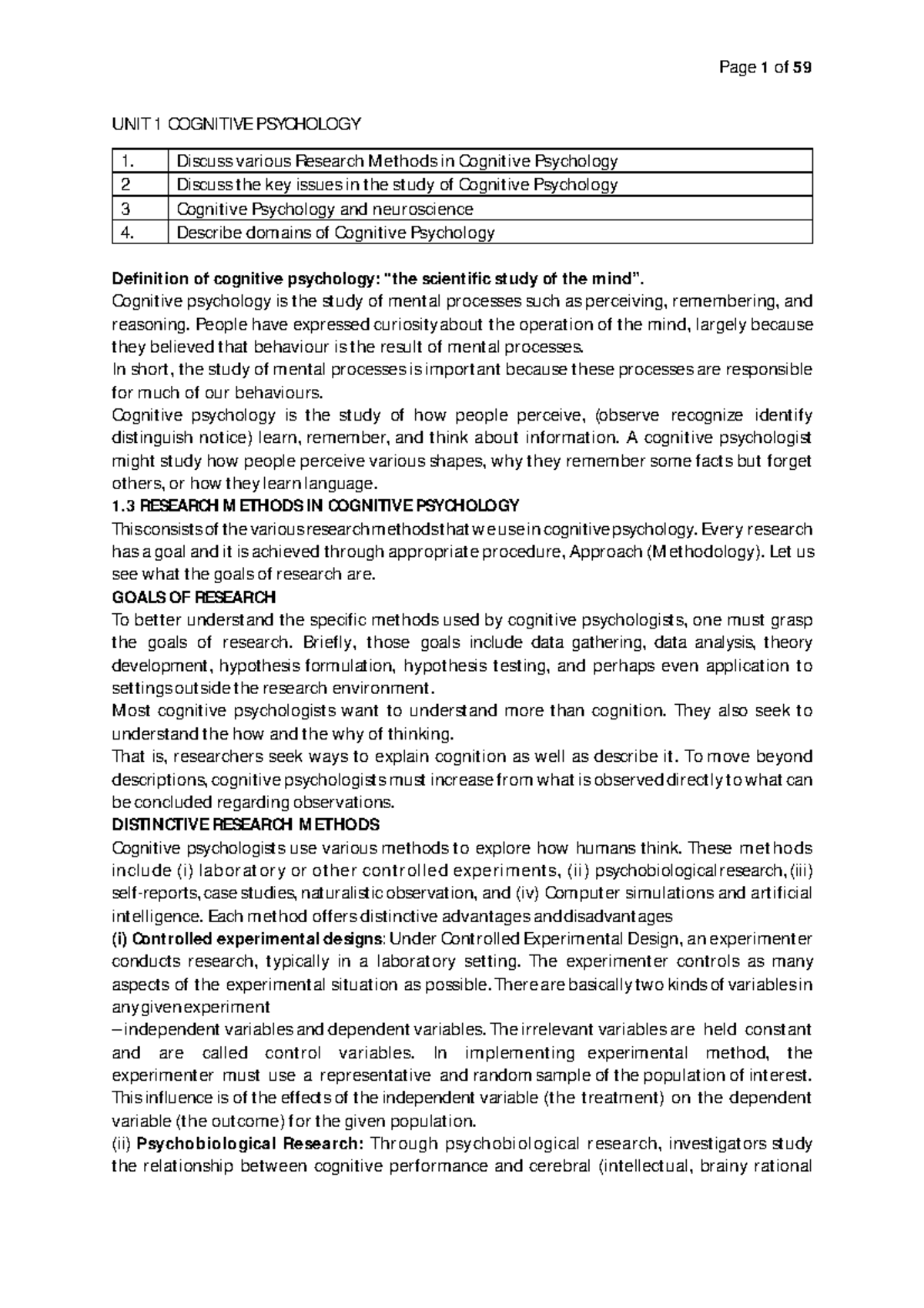 Cognative Psychology - Notes - UNIT 1 COGNITIVE PSYCHOLOGY Discuss ...