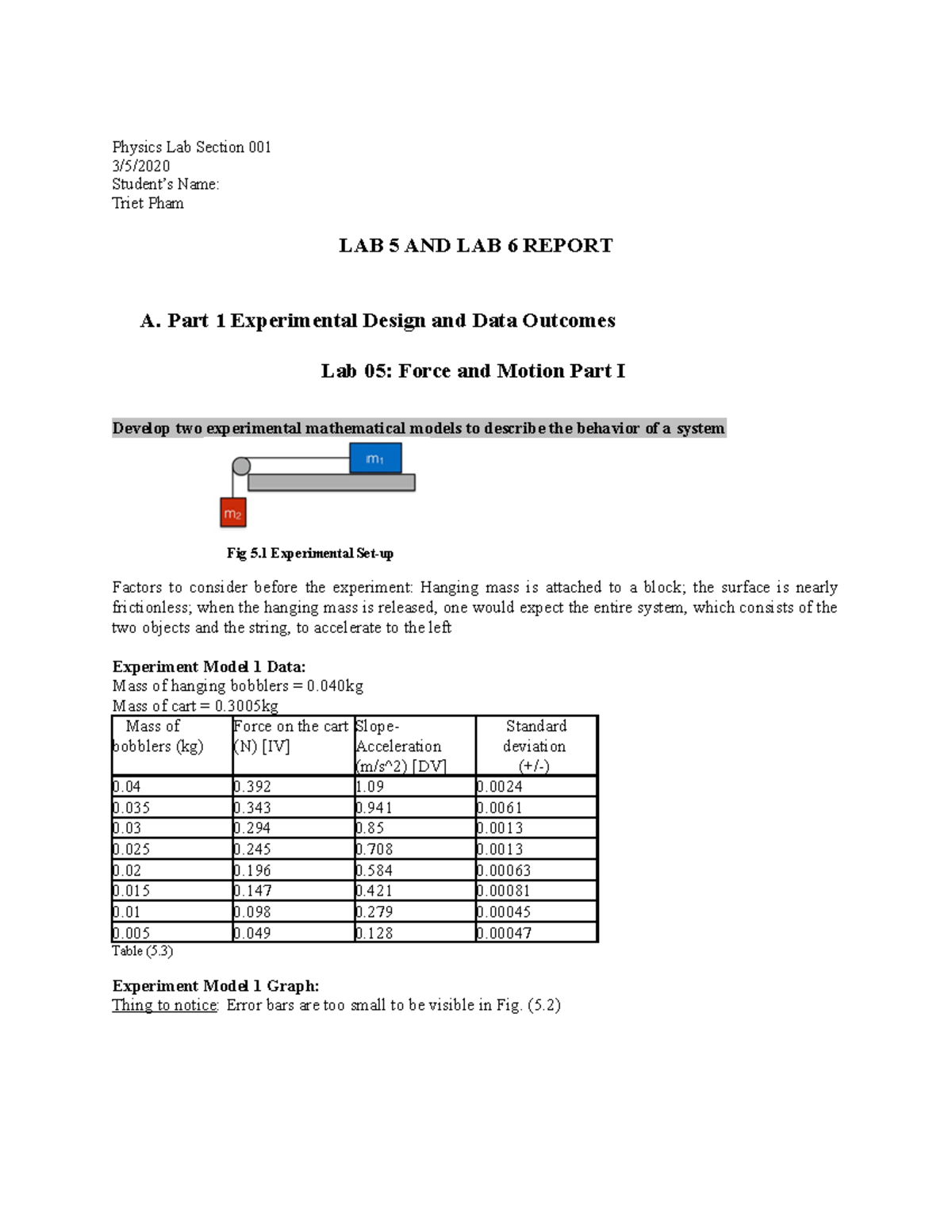 Lab 6 Force and Motion Part II - Physics Lab Section 001 3/5/ Student’s ...