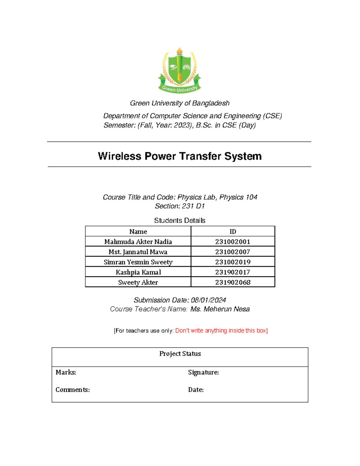 Wireless Power Transfer System 231 I PHY 104 - Green University of ...