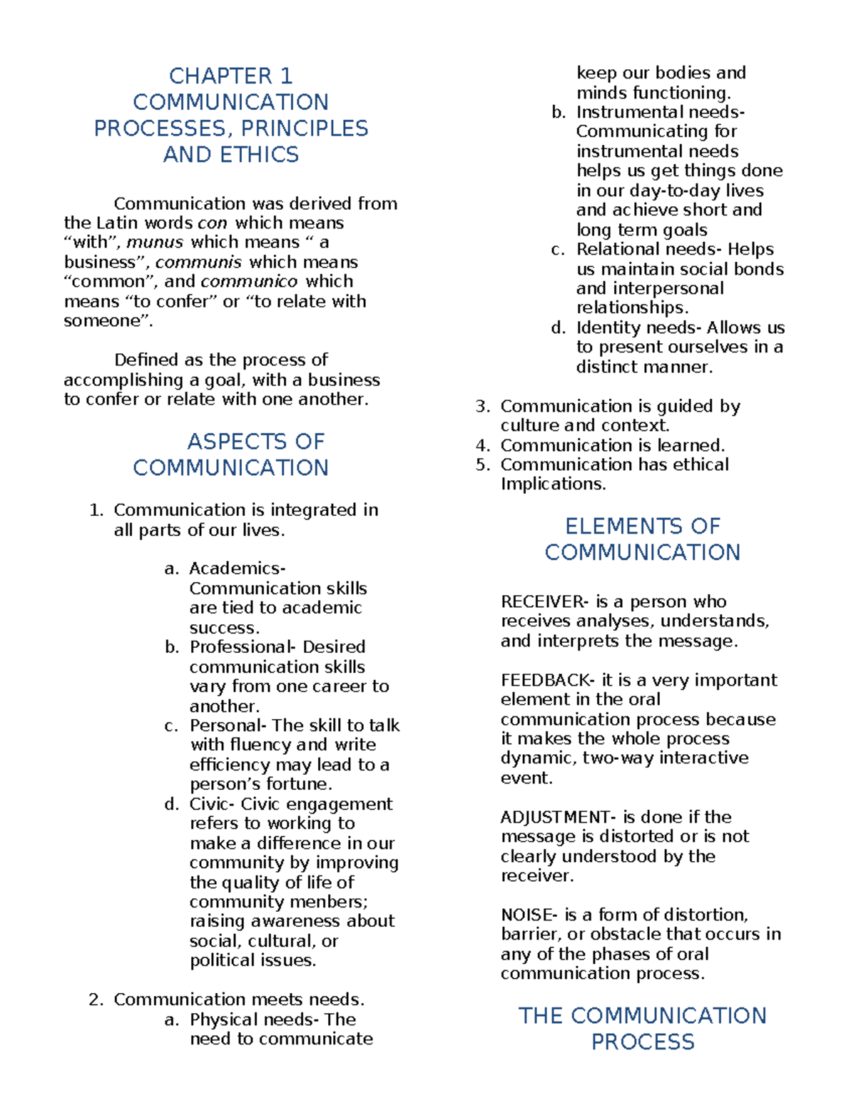Chapter-1-1 - CHAPTER 1 COMMUNICATION PROCESSES, PRINCIPLES AND ETHICS ...