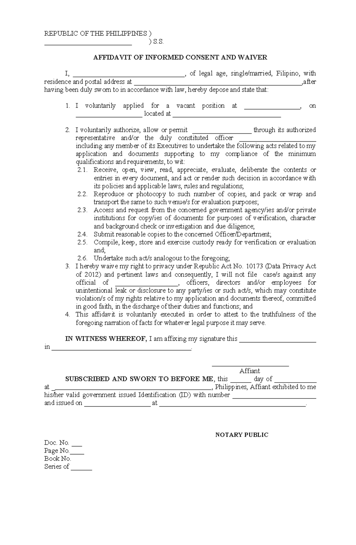 Affidavit of Informed Consent and Waiver - REPUBLIC OF THE PHILIPPINES