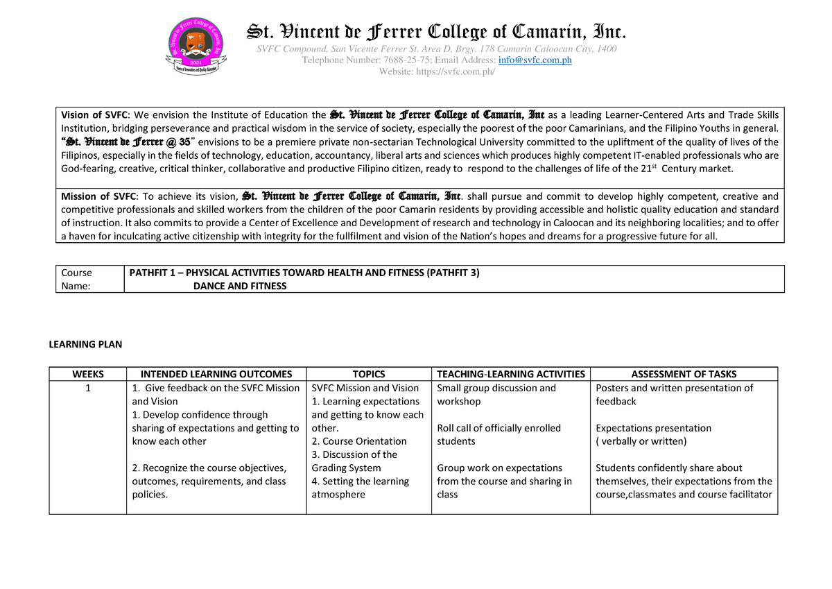 Syllabus Pathfit 3 Dance And Fitness - SVFC Compound, San Vicente ...