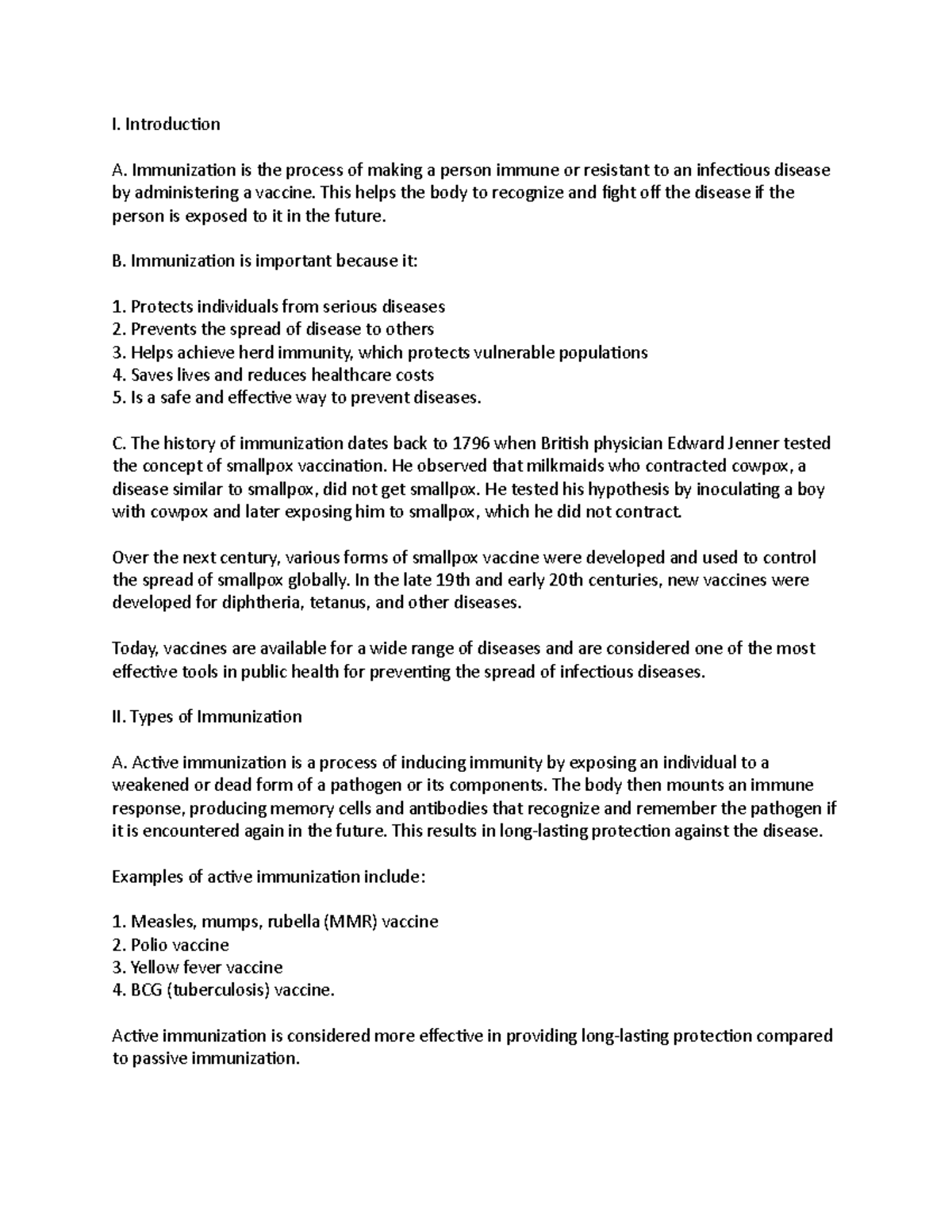 Immunization - I. Introduction A. Immunization is the process of making ...