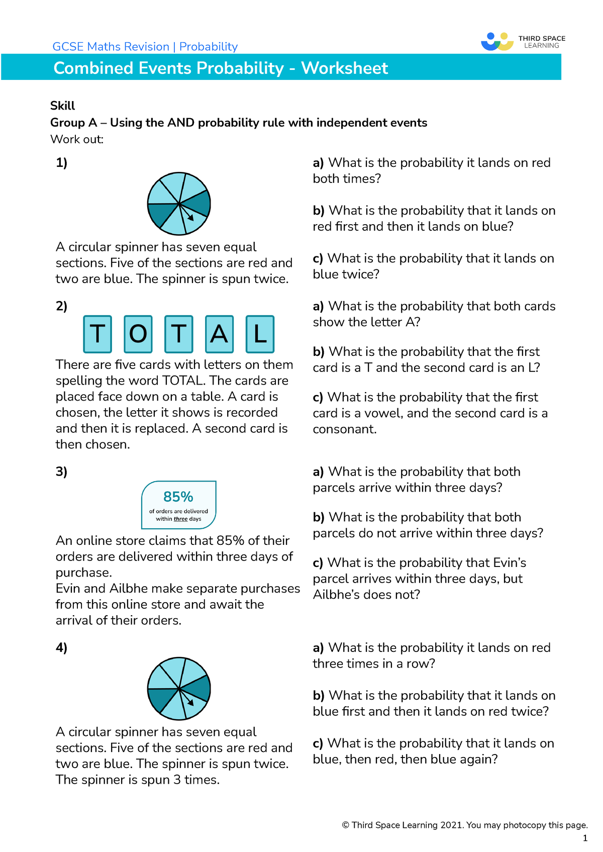 Third Space Learning Combined Events Probability GCSE Worksheet - GCSE ...