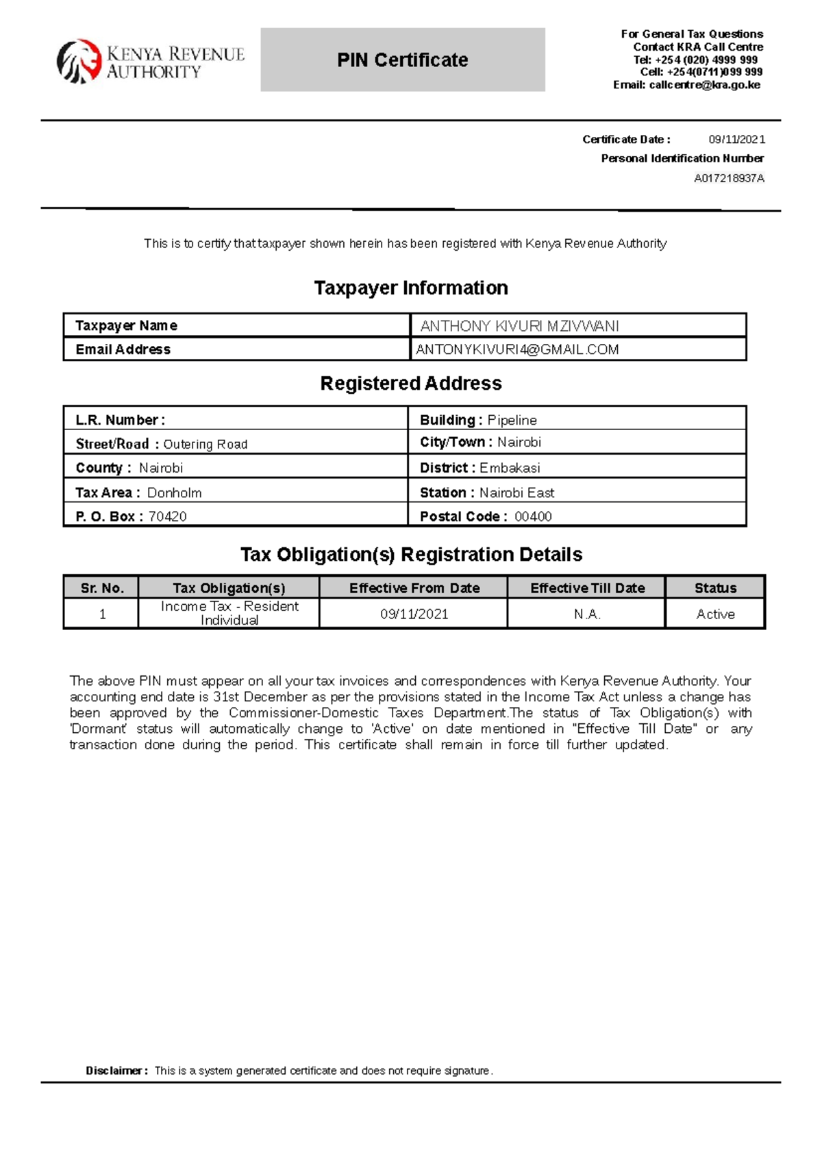 KRA Editable FORM - For General Tax Questions Contact KRA Call Centre ...