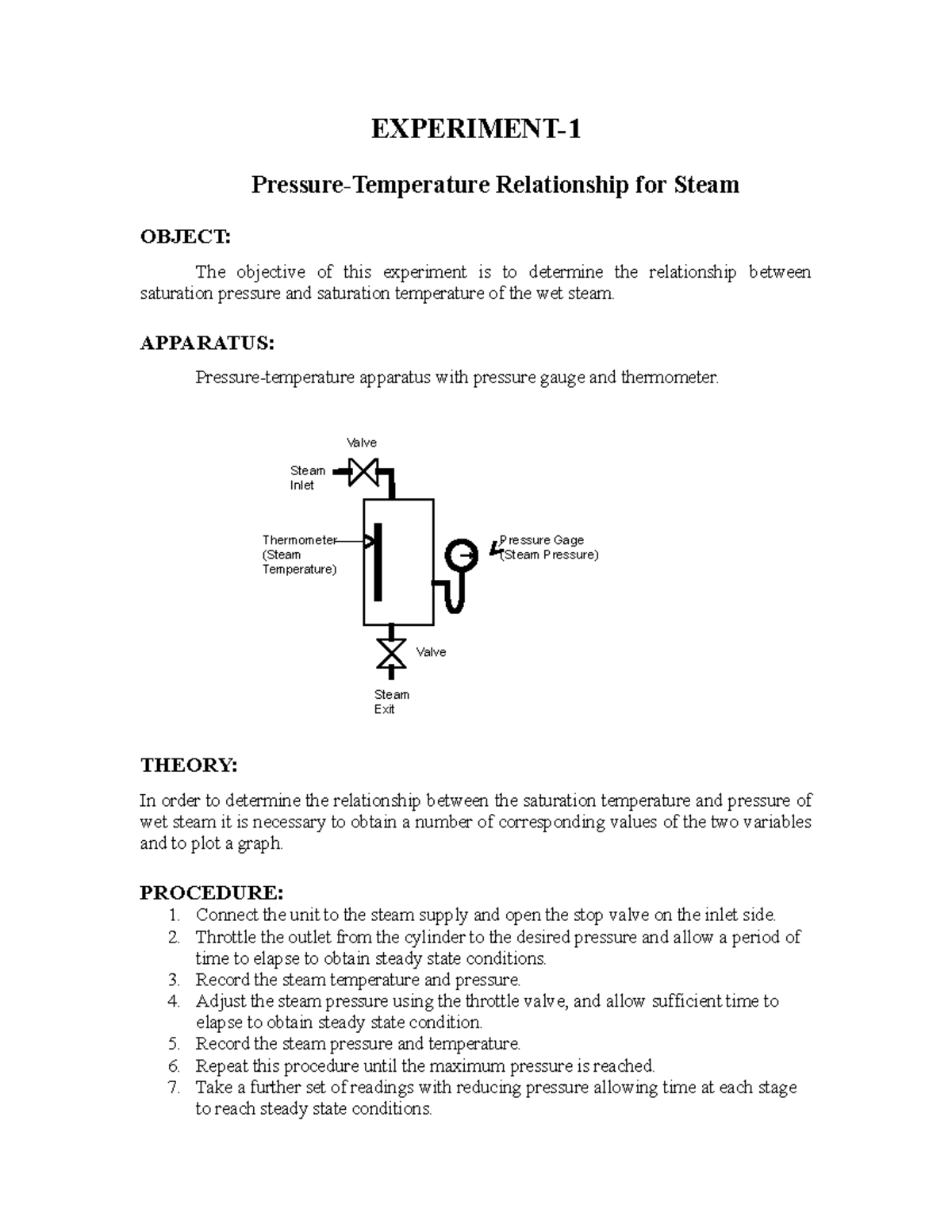 Experiment 1-2-3 - Relationship for Steam OBJECT: The objective of this ...