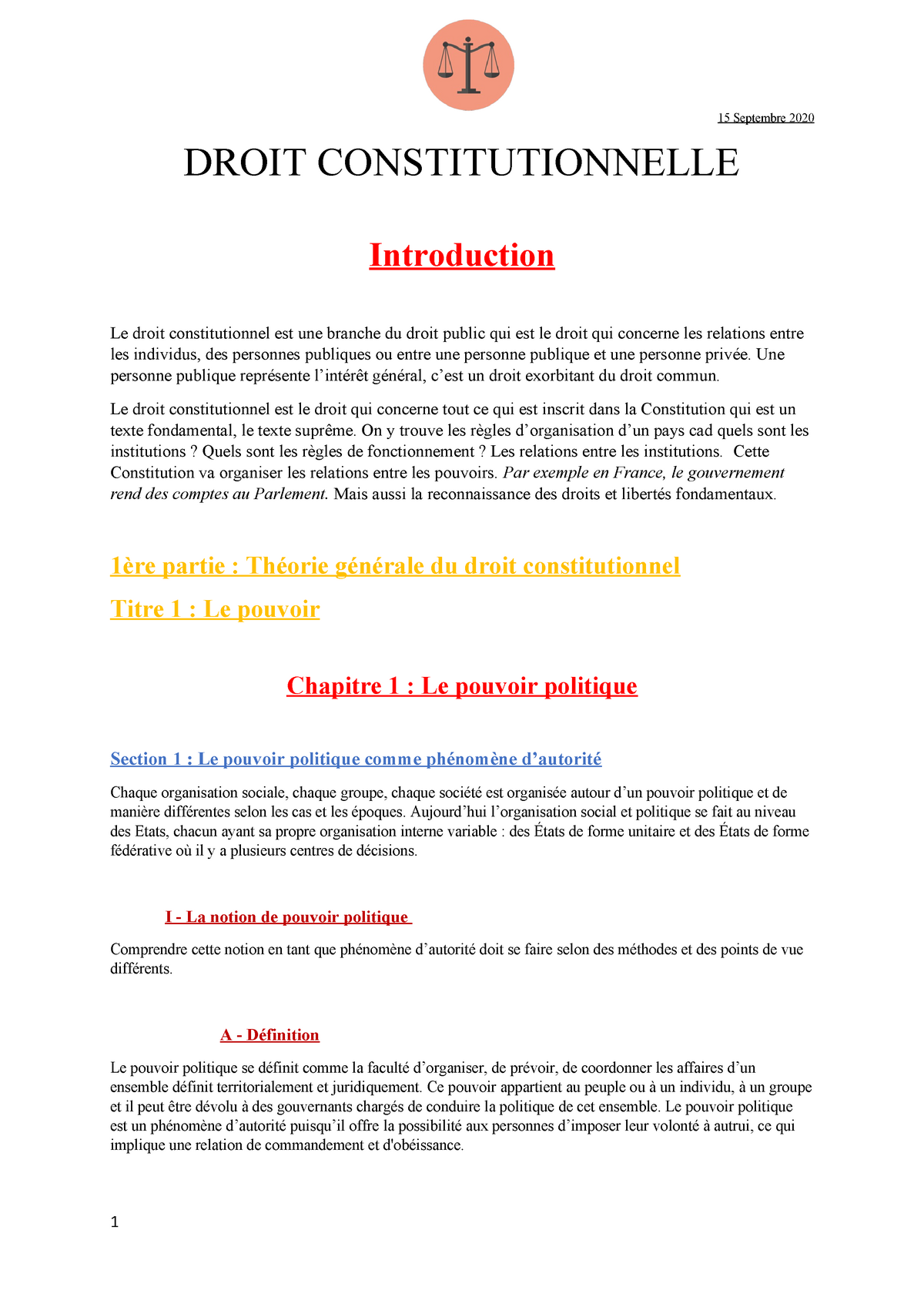 Cours De Droit Constitutionnel (Complet) - 15 Septembre 2020 DROIT ...