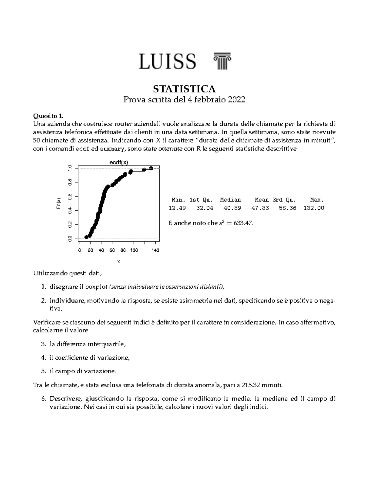 Versione A Soluzioni Esame Di Statistica Fila A Febbraio