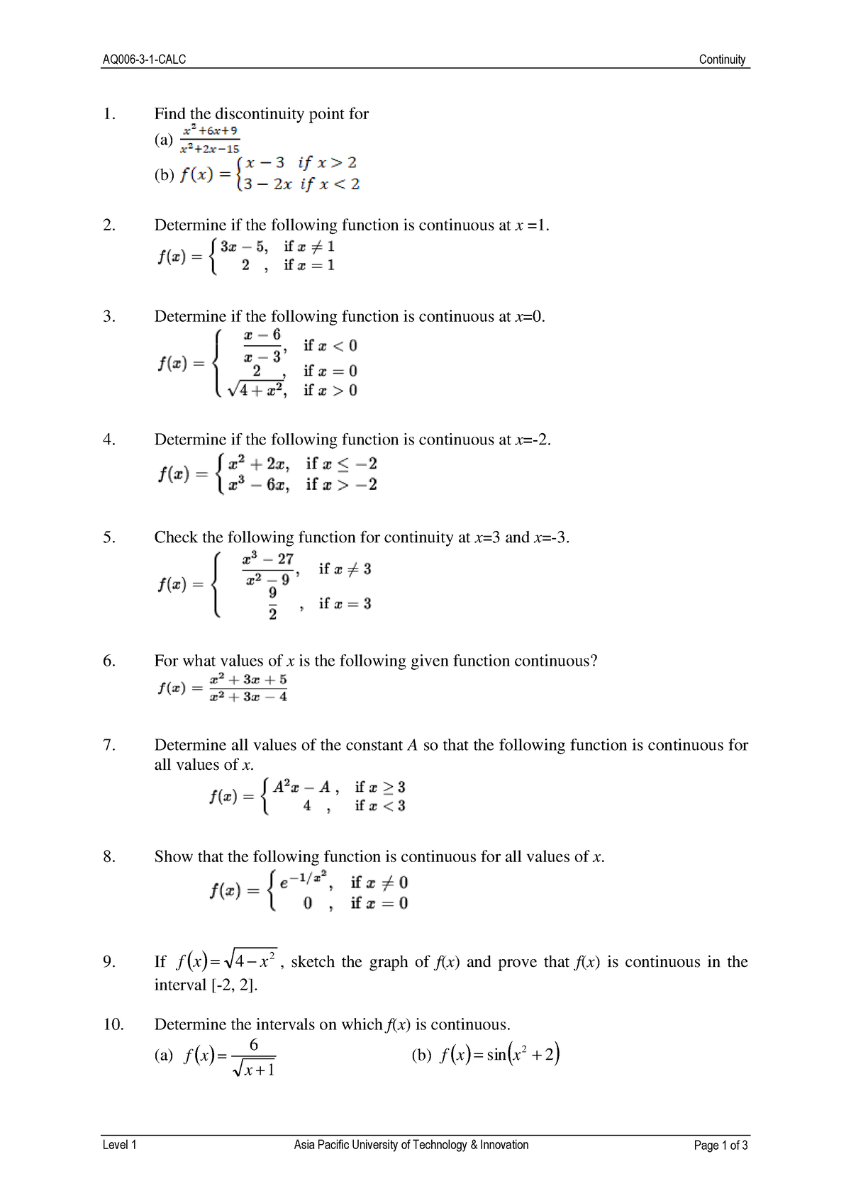 T2 Continuity QA - AQ006-3-1-CALC Continuity Level 1 Asia Pacific ...