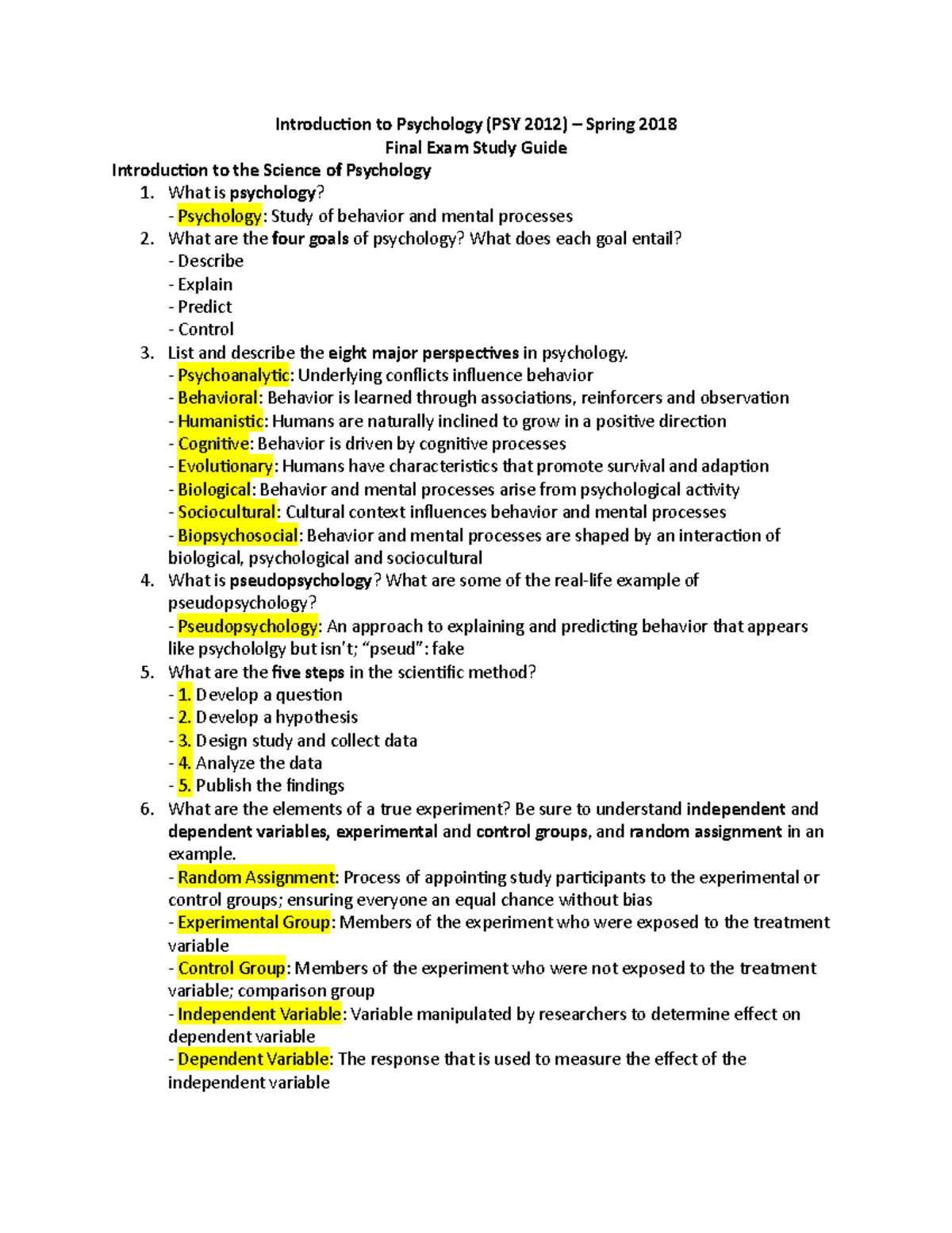 Final Study Guide - Introduction To Psychology (PSY 2012) – Spring 2018 ...