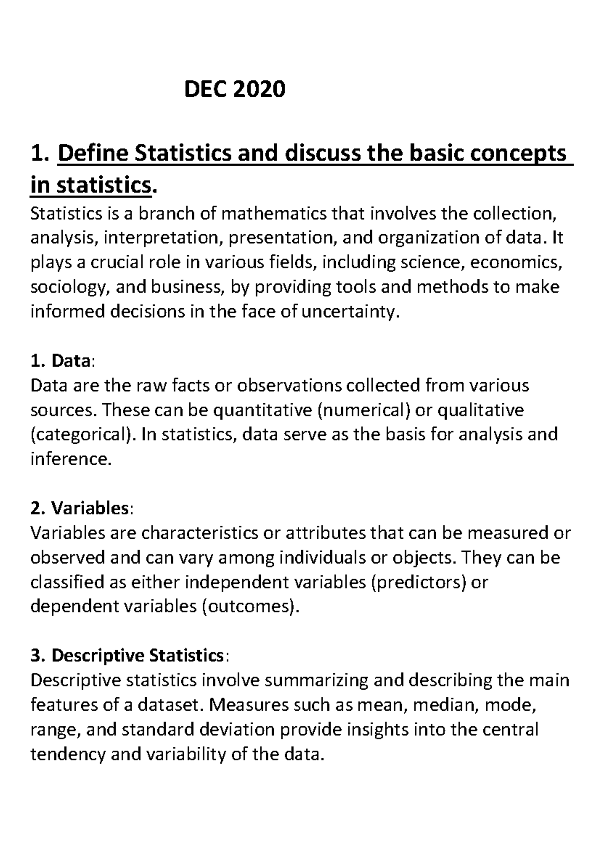 Statistics - important notes - DEC 2020 1. Define Statistics and ...