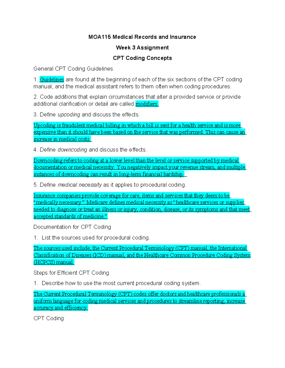 Week 3 Assignment CPT Coding Concepts - MOA115 Medical Records And ...