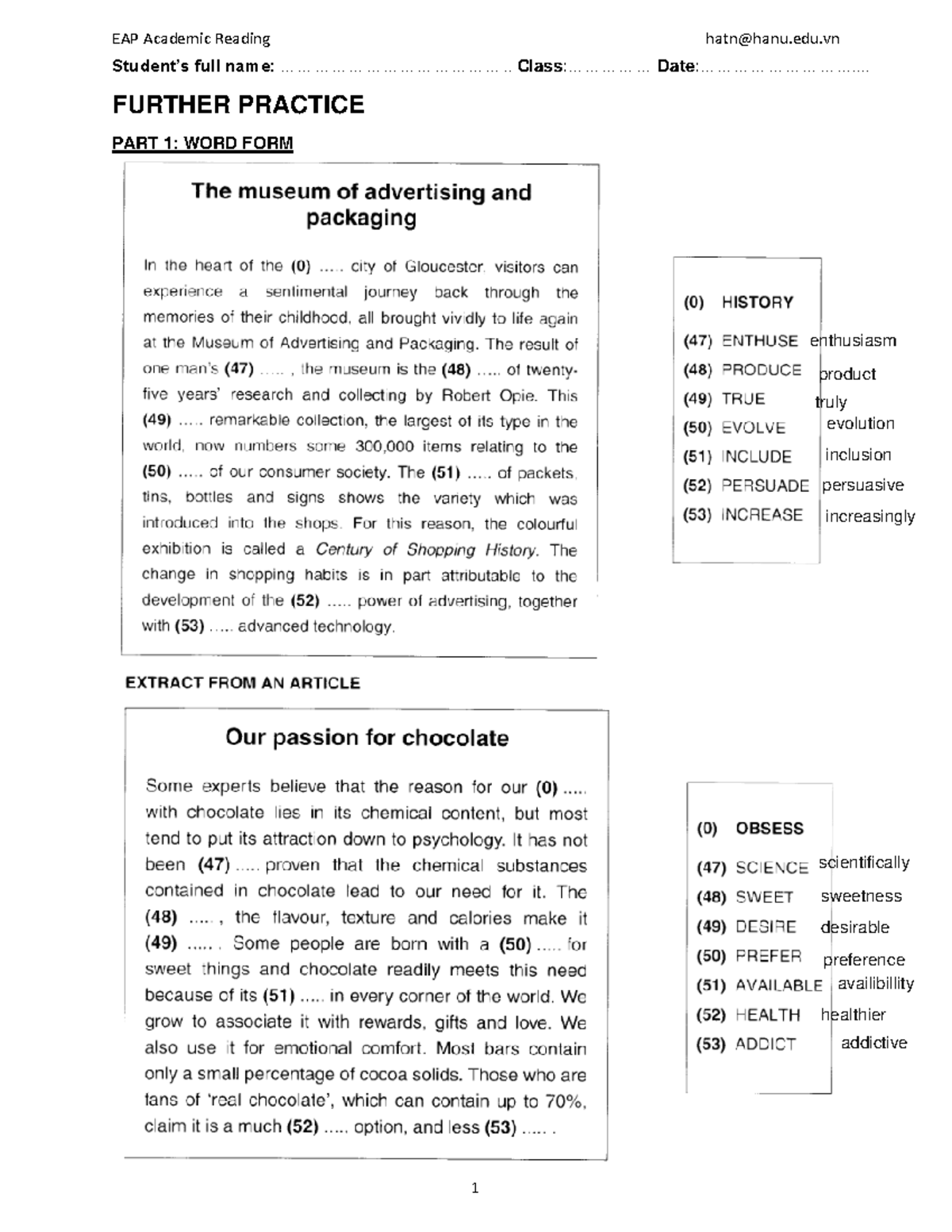 EAP Reading worksheet week 11 - Extra practice - Student’s full name ...
