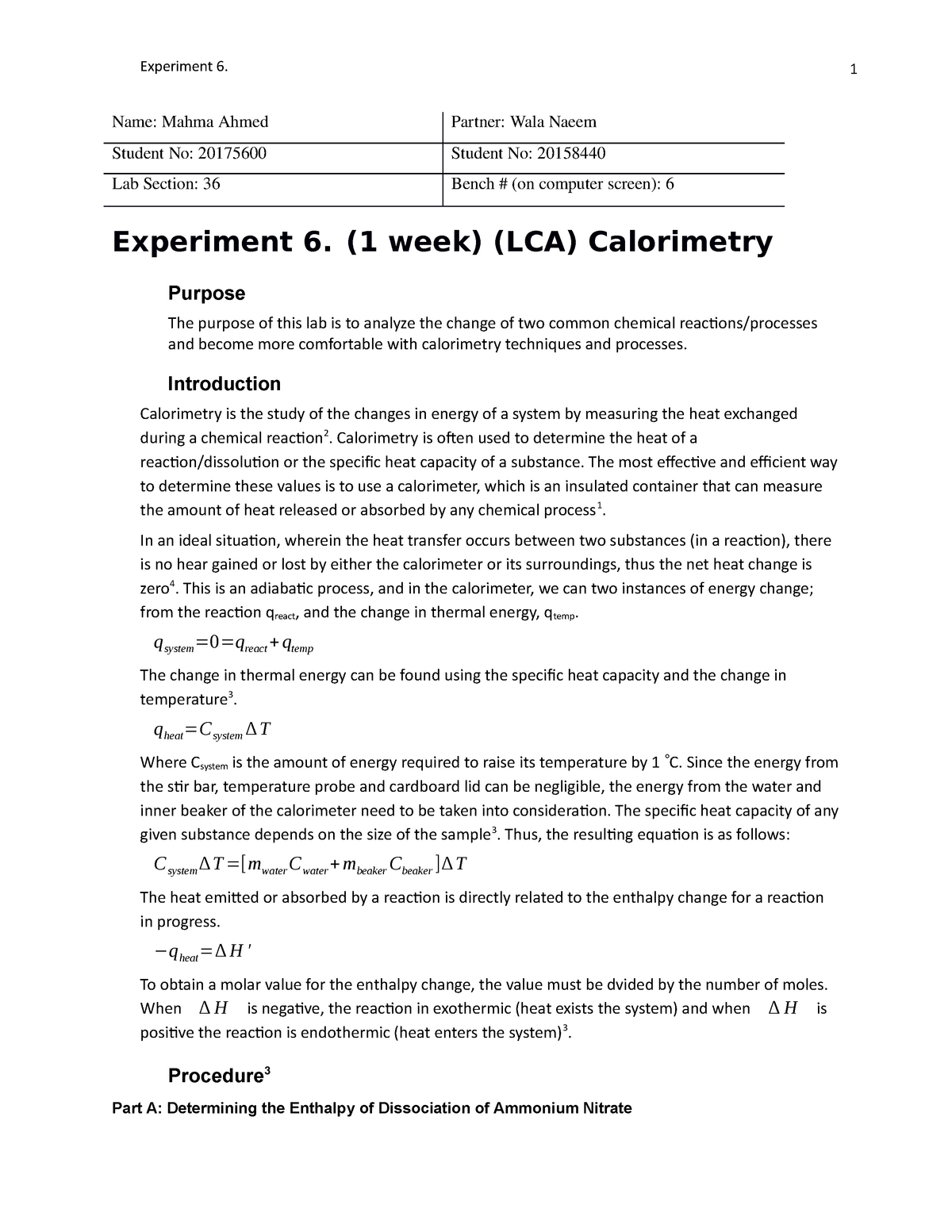 Calorimetry Lab Report Name Mahma Ahmed Partner Wala Naeem Student