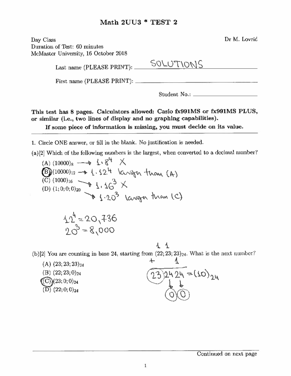 2uu3 test2 solutions fall 2018 - Math 1X03 - Studocu
