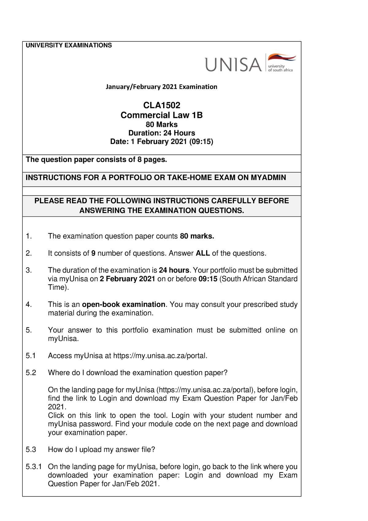 CLA1502 January February Suppl 2021 - QA d - UNIVERSITY EXAMINATIONS ...