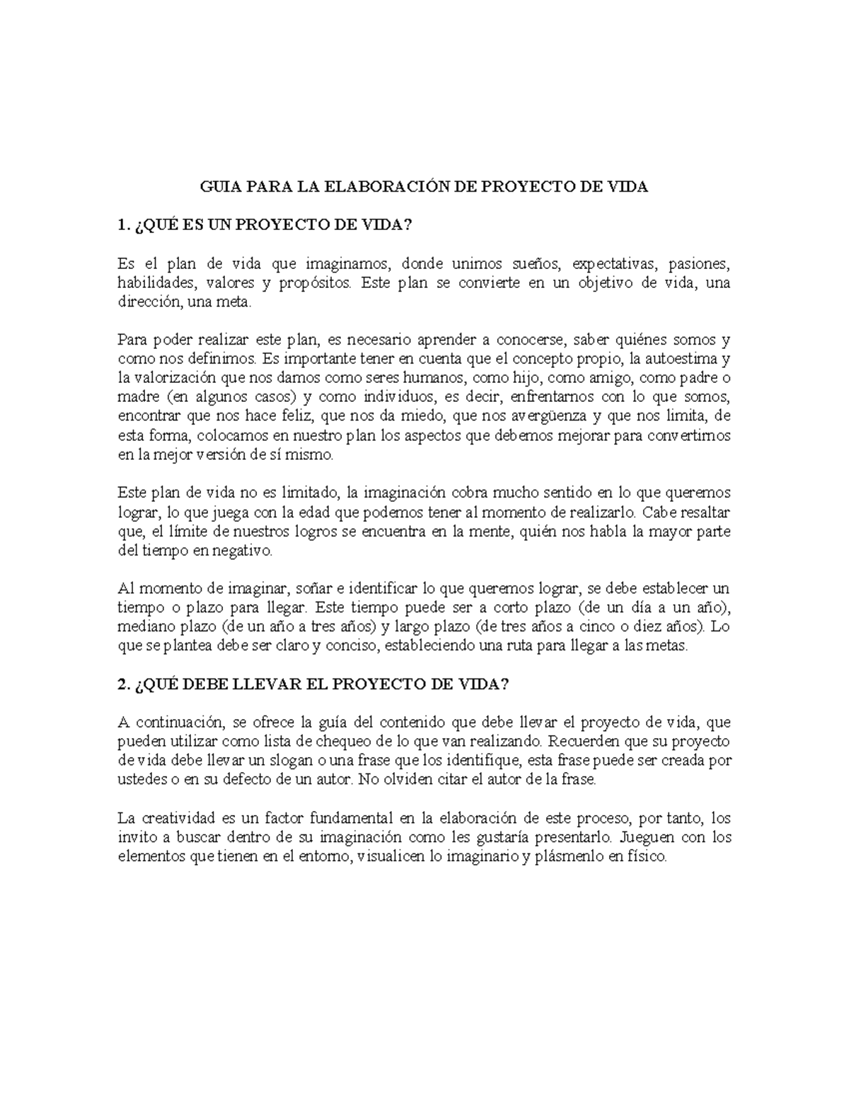 PASO A PASO Proyecto DE VIDA - GUIA PARA LA ELABORACIÓN DE PROYECTO DE ...