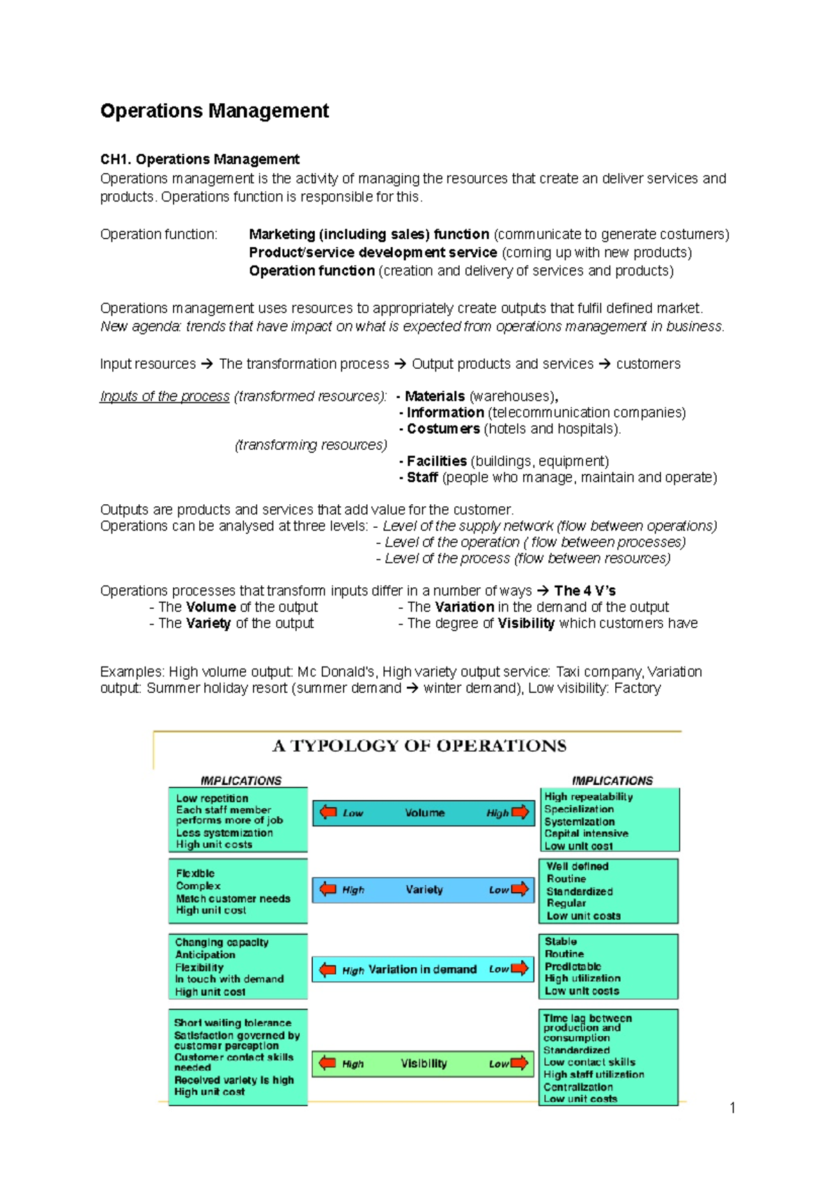 Summary Operations Management - Operations Management CH1. Operations ...