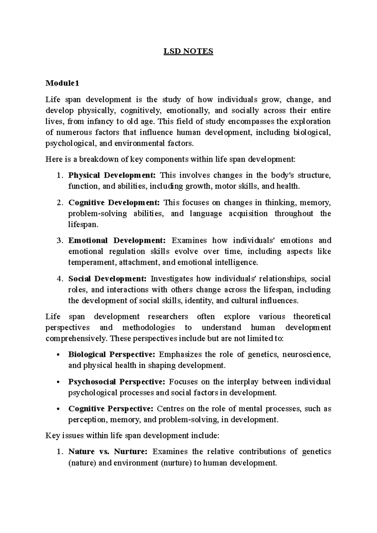 LSD Notes mod 1 - LSD NOTES Module Life span development is the study ...