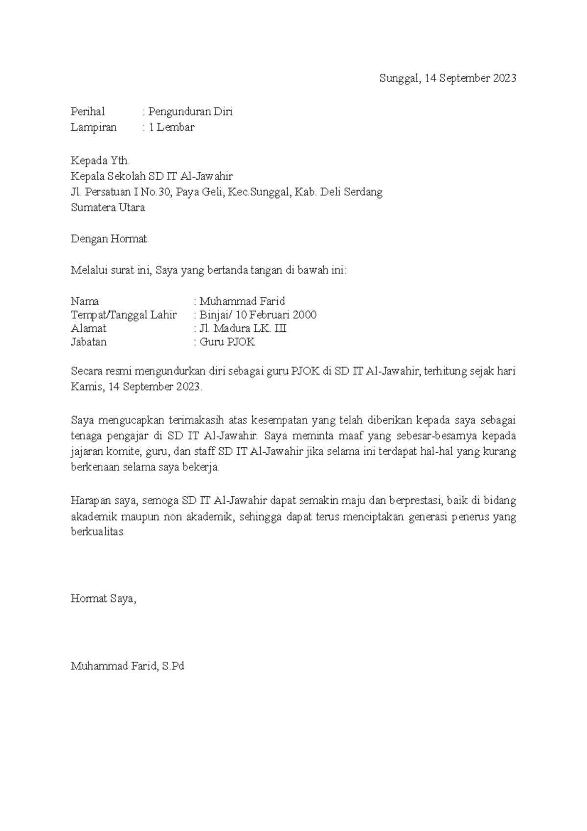 Contoh Surat Pengunduran Diri Guru - Sunggal, 14 September 2023 Perihal