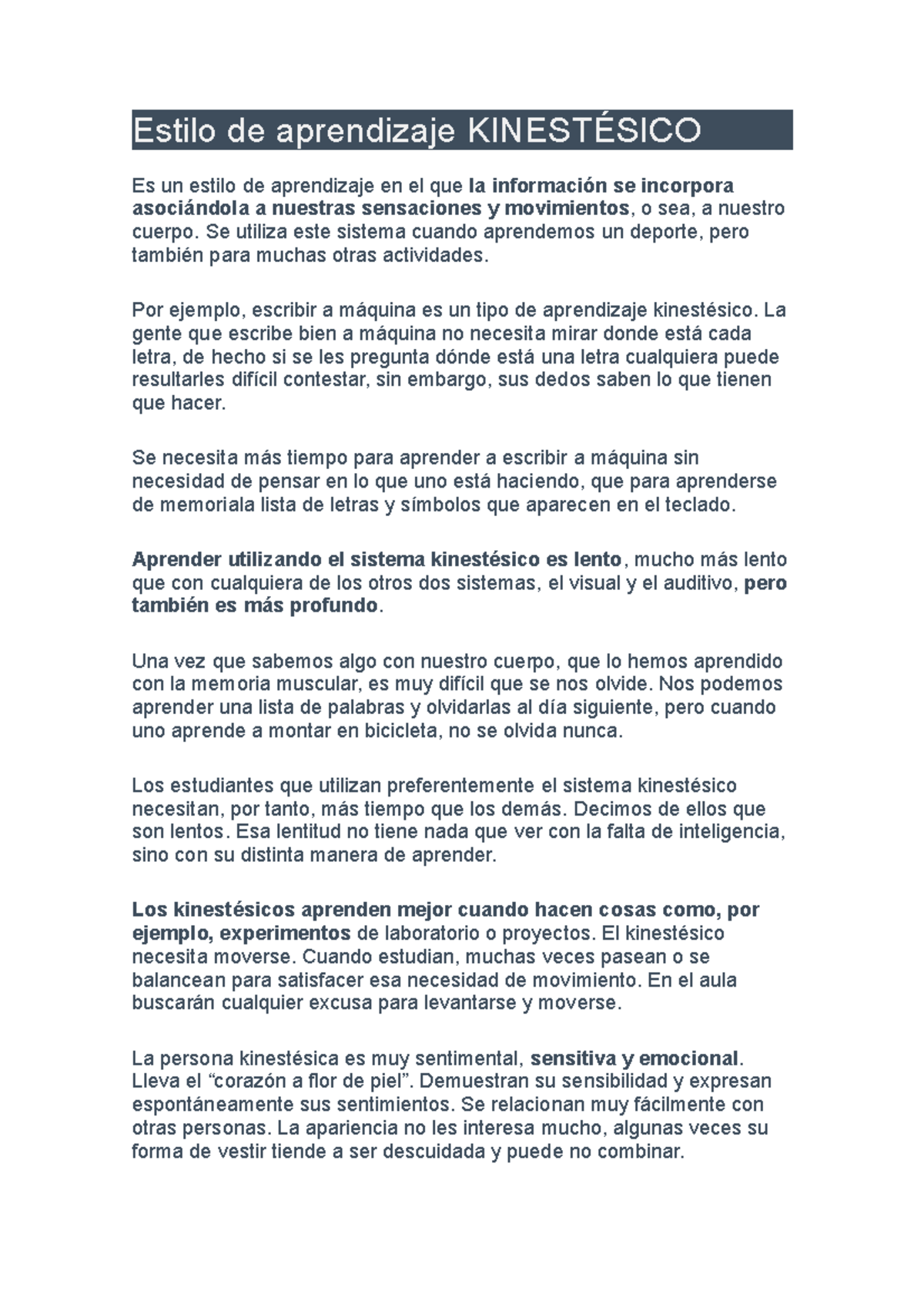 Estilo de aprendizaje Kinestésico - Estilo de aprendizaje KINESTÉSICO ...