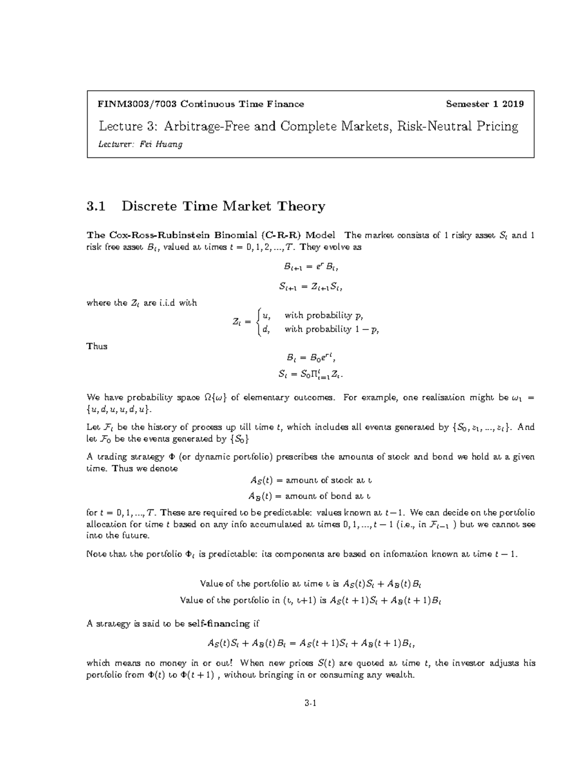 Lecture 3 - FINM3003/7003 Continuous Time Finance Semester 1 2019 ...