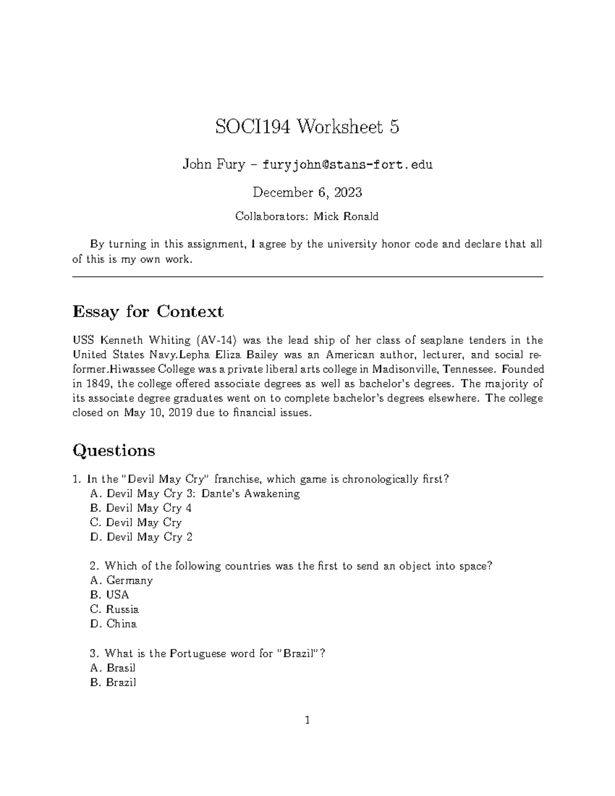 SOCI194 Worksheet 5 - focuses on both classical and contemporary views ...