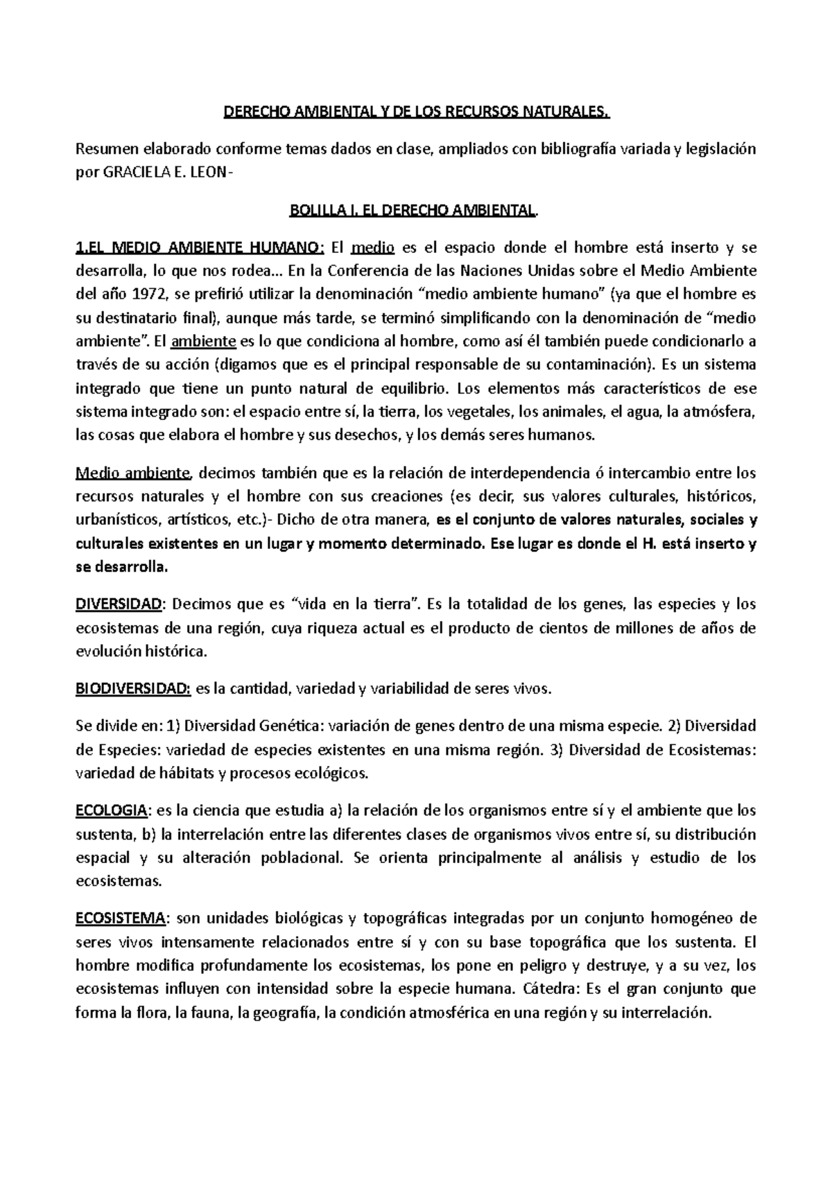 Resumen Primer Parcial - DERECHO AMBIENTAL Y DE LOS RECURSOS NATURALES ...