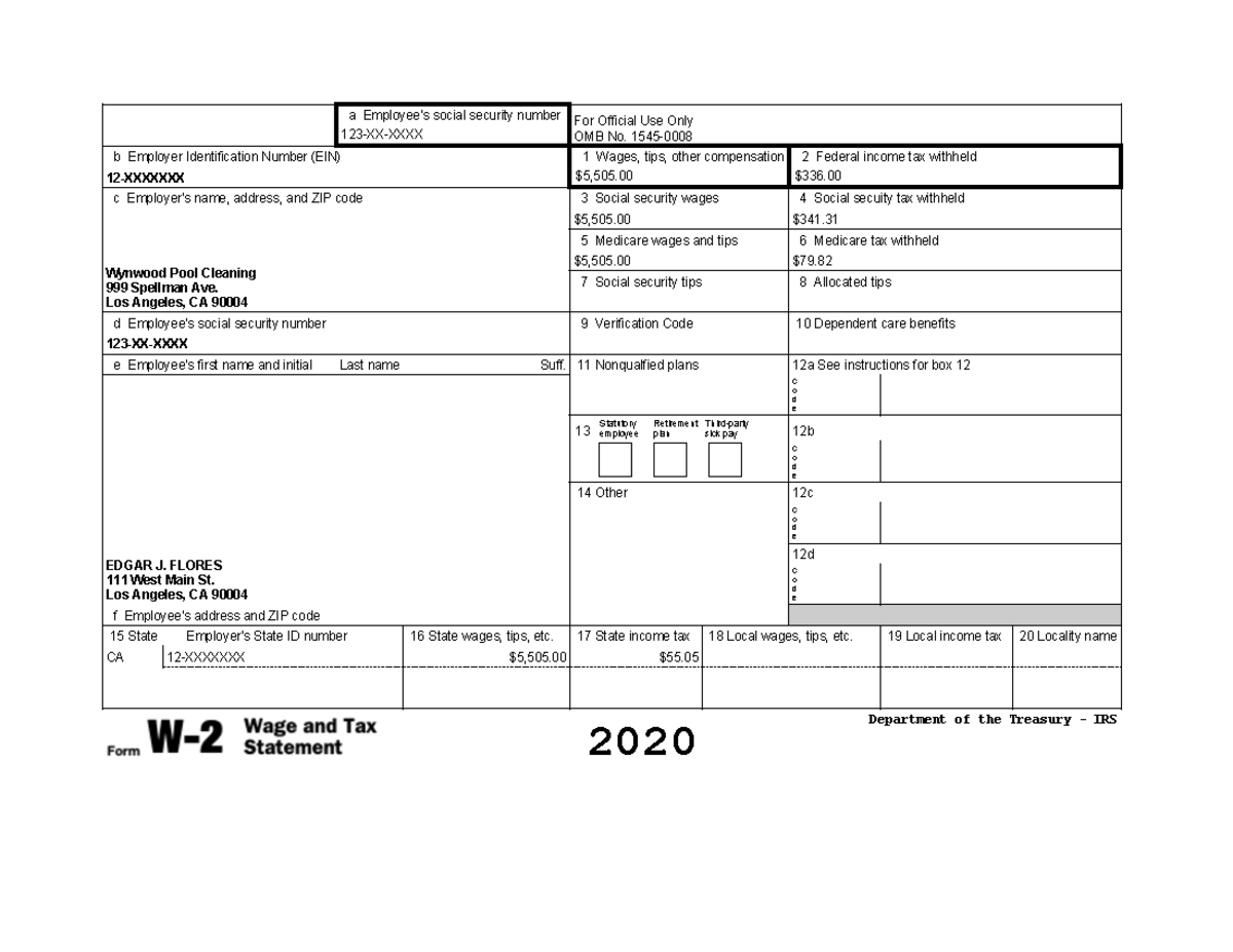 04 Edgar Flores W 2 Form 2020 - A Employee's Social Security Number For 