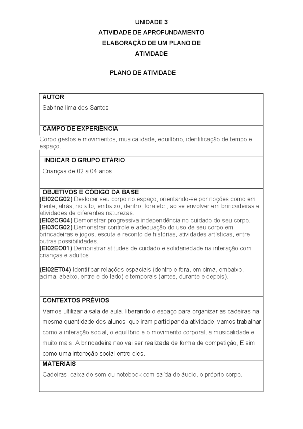 Prática de Ensino em Educação Infantil - Modelo Atividade III - Plano ...