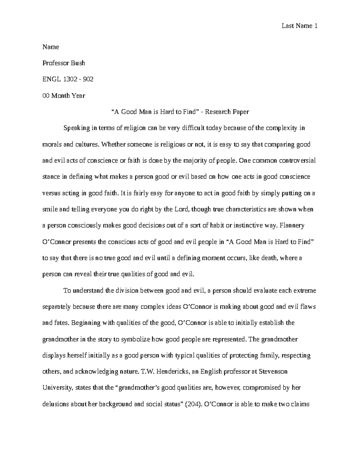 Engl 1302-A Good Man is Hard to Find-Research Paper - Name Professor ...