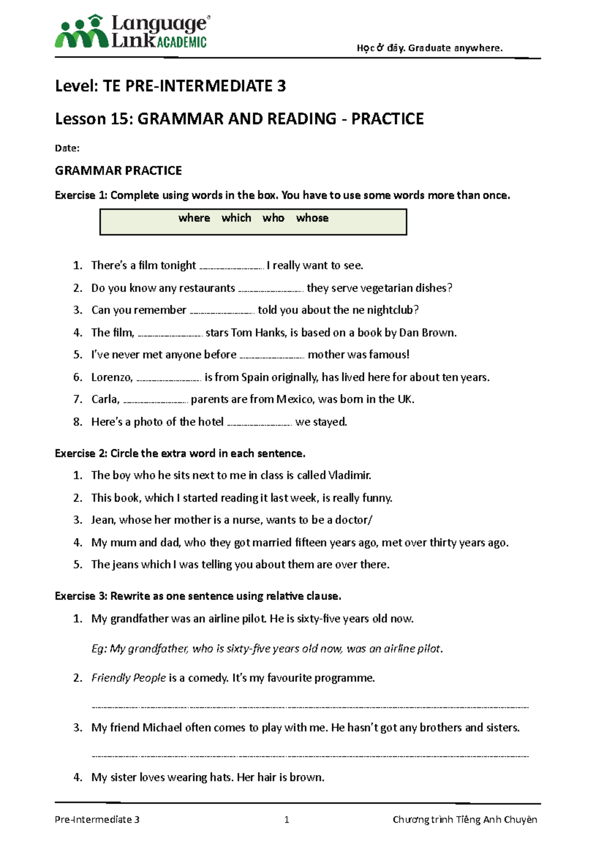 15.2 PI 3-Lesson 15-Practice 21 - Level: TE PRE-INTERMEDIATE 3 Lesson ...