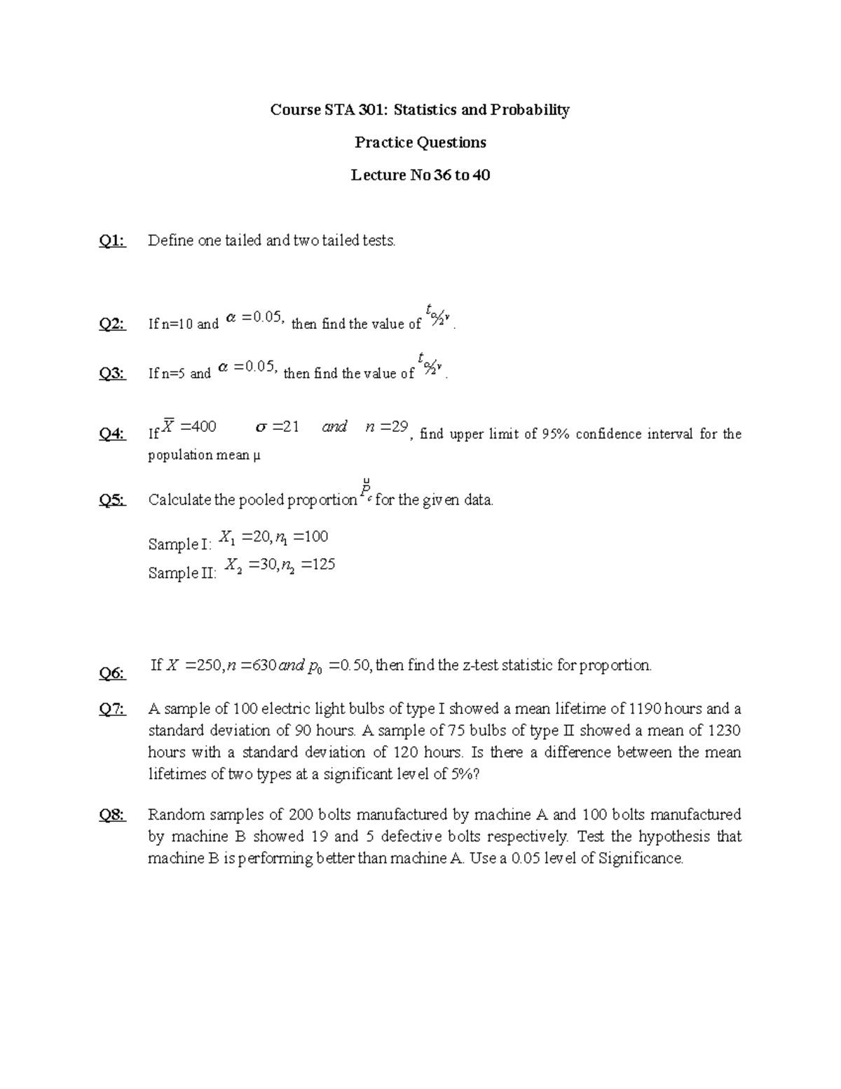 Practice Questions Lecture 36-40 - Course STA 301: Statistics And ...