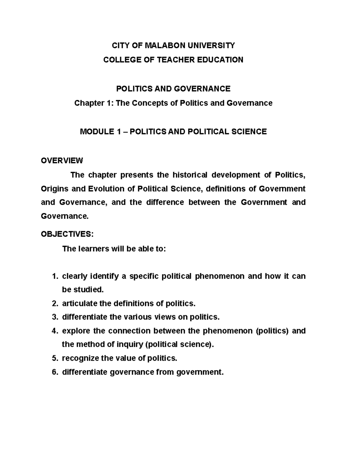 CMU Module 1 Politics AND Governance 1st SEM 23 24 - CITY OF MALABON ...