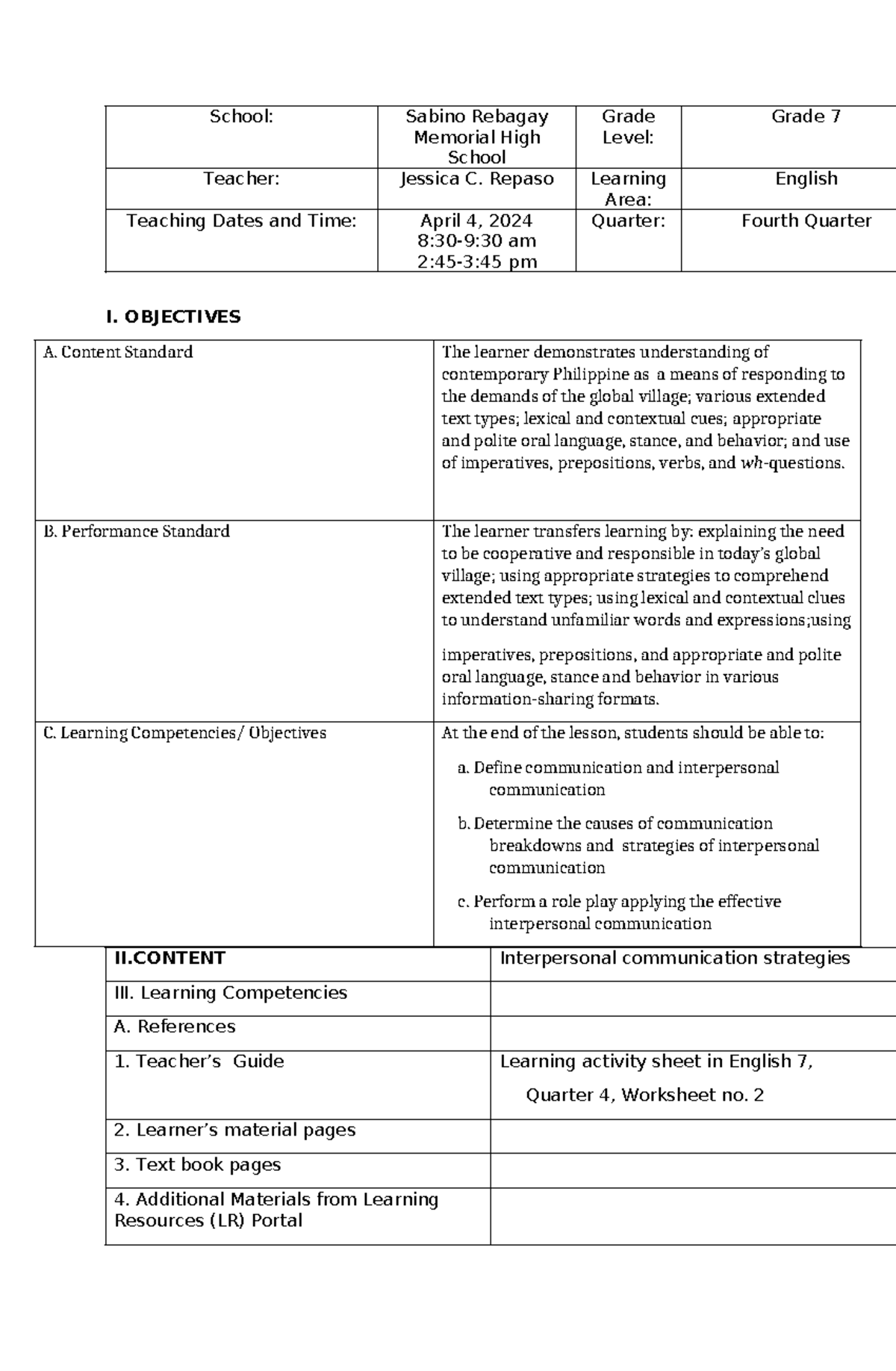 DLP Fourth Quarter L 2 - School: Sabino Rebagay Memorial High School ...