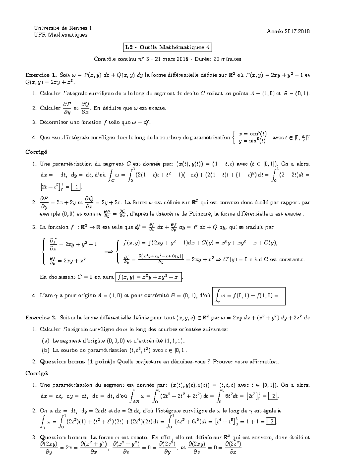 Contrôle Continu Corrigé - Universit ́e De Rennes 1 UFR Math ́ematiques ...