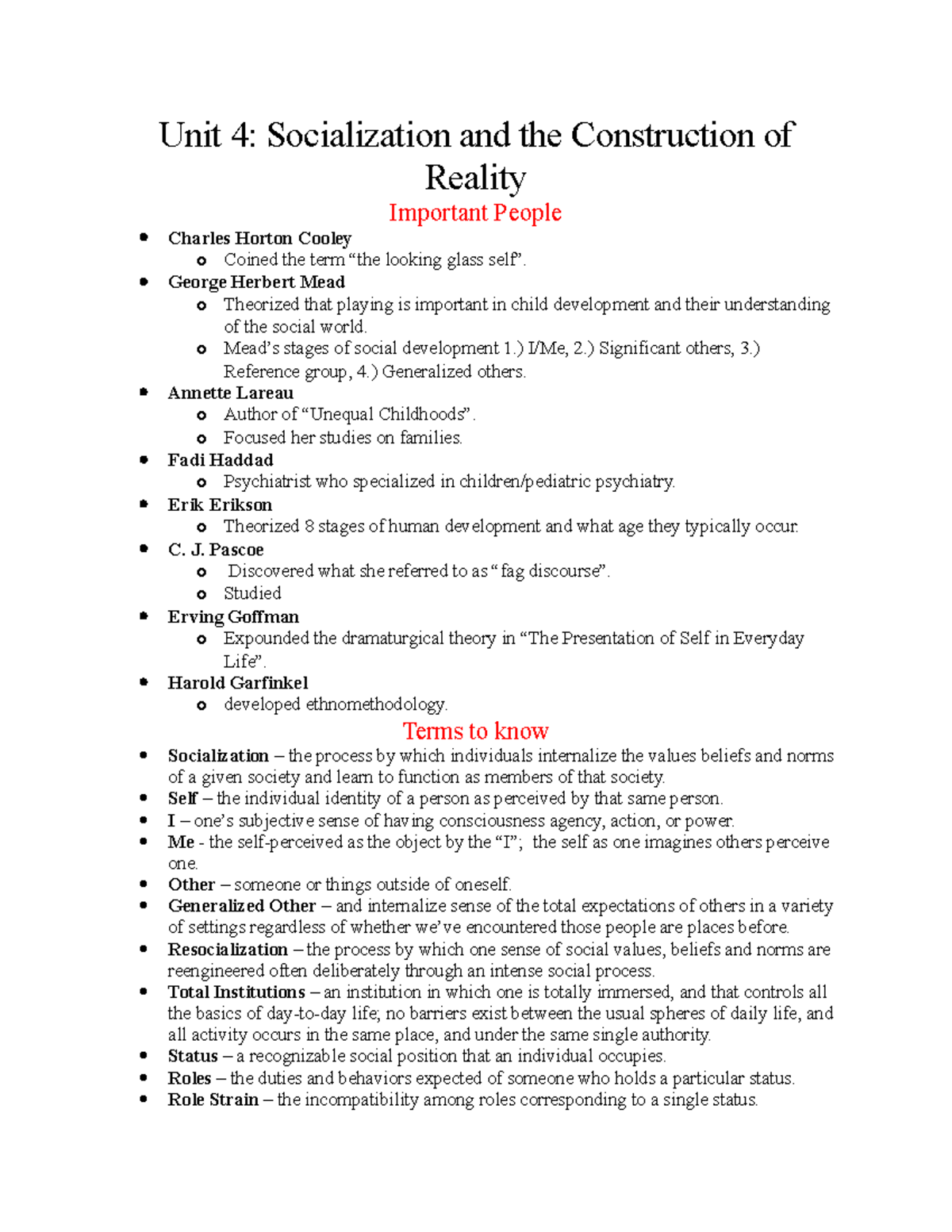 Unit 4 Notes - Unit 4: Socialization And The Construction Of Reality ...