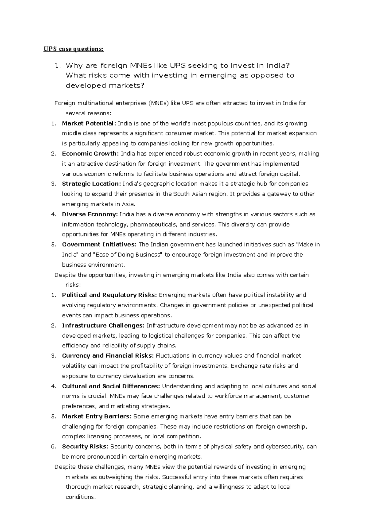 Strategic management - UPS - UPS case questions: 1. Why are foreign ...