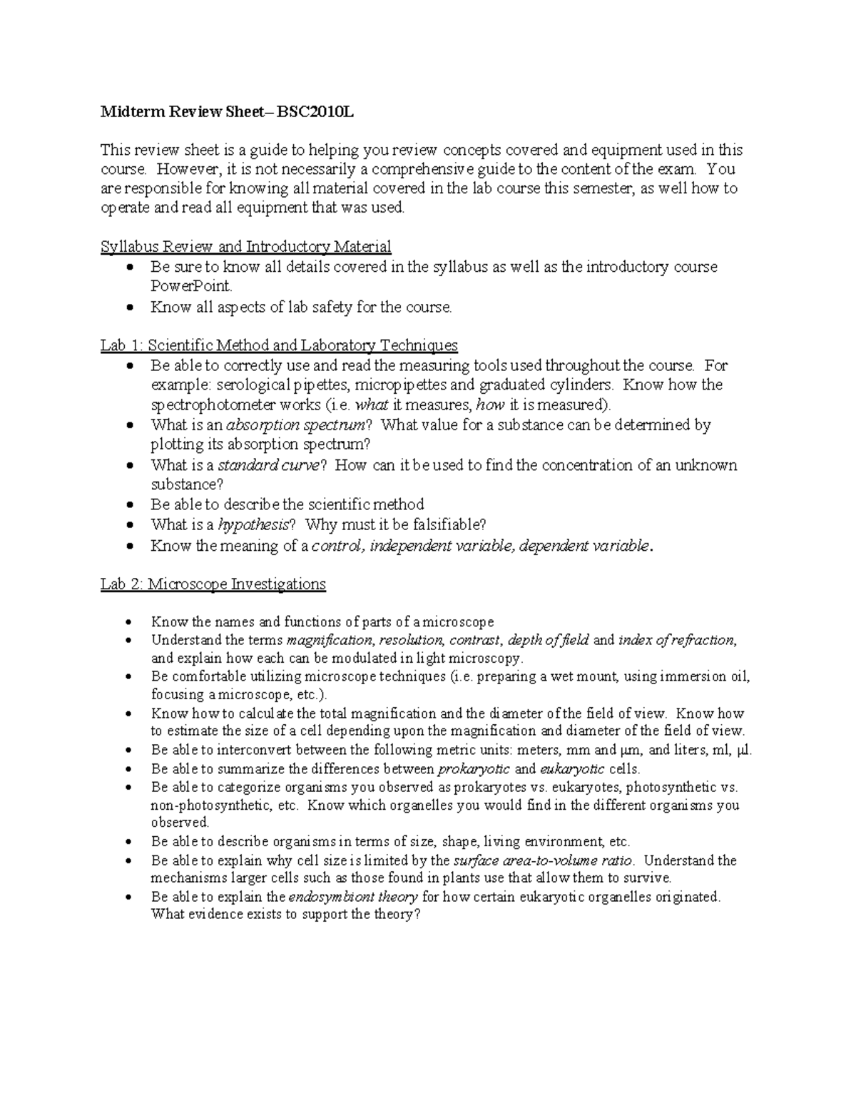Midterm Review Sheet SP23 - Midterm Review Sheet– BSC2010L This review ...