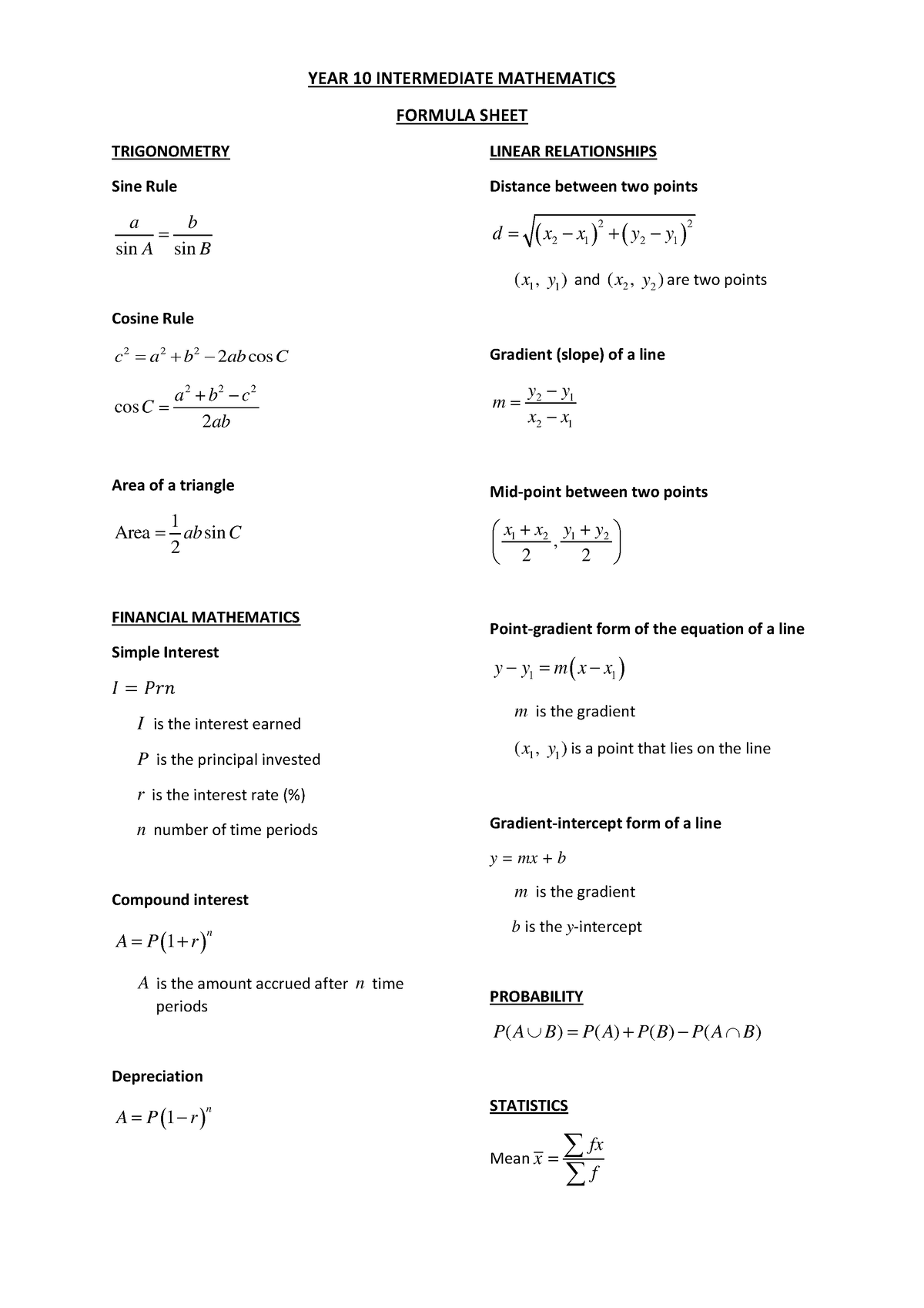 Formula sheet exam - YEAR 10 INTERMEDIATE MATHEMATICS FORMULA SHEET ...