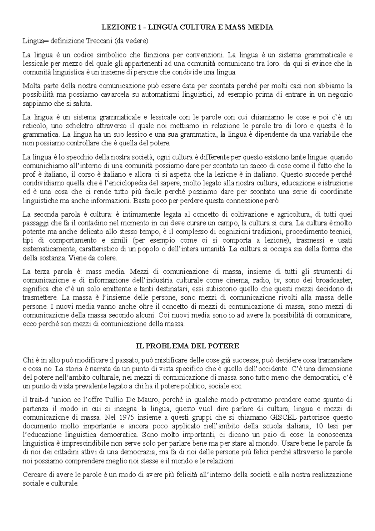 Prima lezione vera gheno LEZIONE 1 LINGUA CULTURA E MASS MEDIA