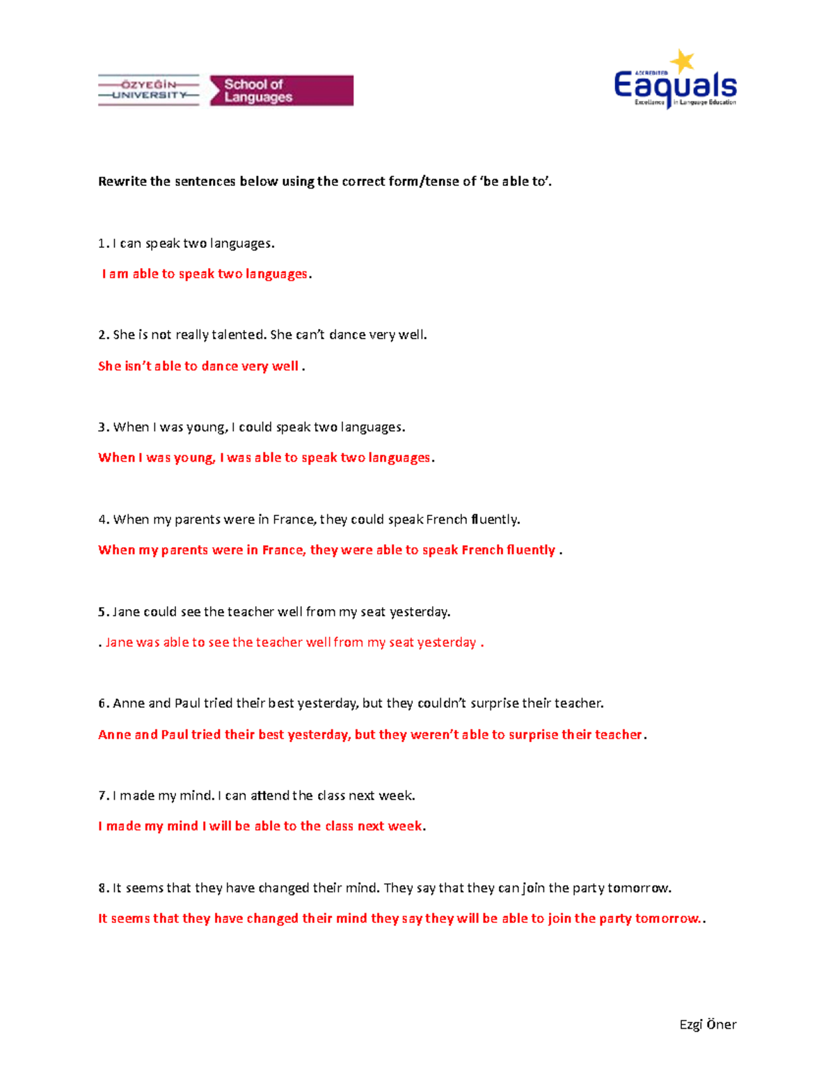 Be able to - rewrite - Rewrite the sentences below using the correct ...