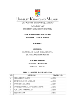 TUTO 4 CASE Review (A168496) - FACULTY OF LAW UUUK4033 CRIMINAL ...