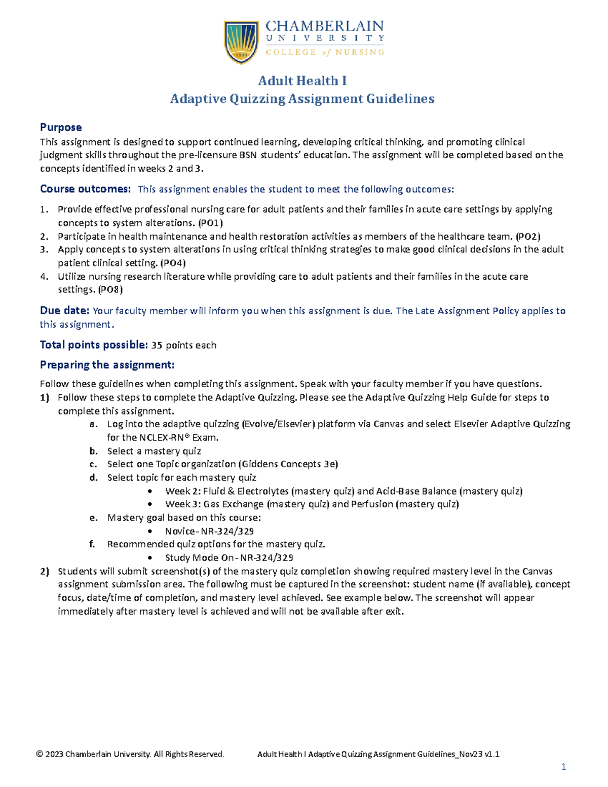 Adult Health I Adaptive Quizzing Assignment Guidelines Nov23 Adult